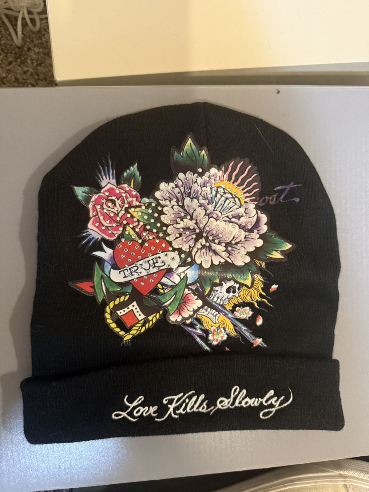 Ed Hardy Ed Hardy Love Kills Slowly Black&Mlticolor Rhinestone Beanie Size ONE SIZE - 1 Thumbnail