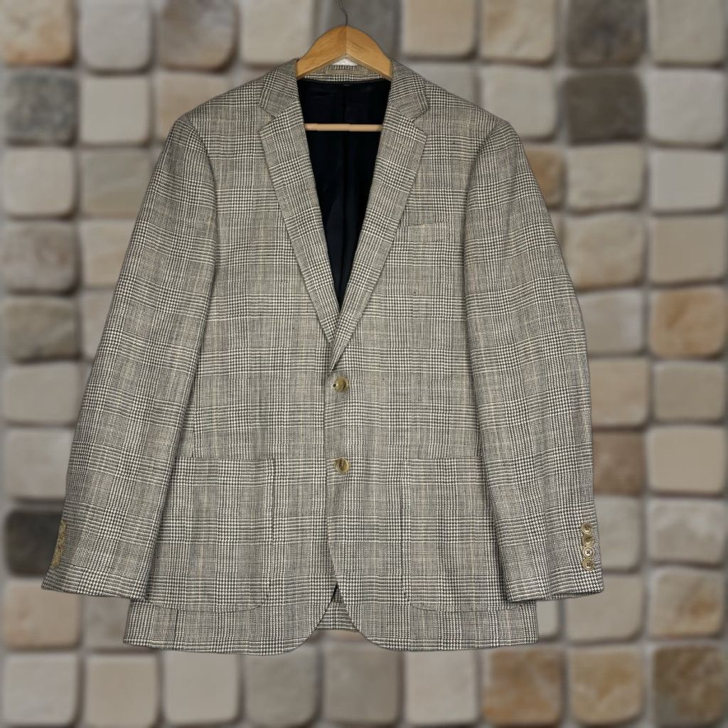 J.Crew J.CREW Sport Coat Blazer - Men 39R Beige Linen Silk Tweed Plaid Glen Check Regular Notch Lapel Two-Button Glen Plaid Casual Sport Coat Size 40R - 1 Thumbnail