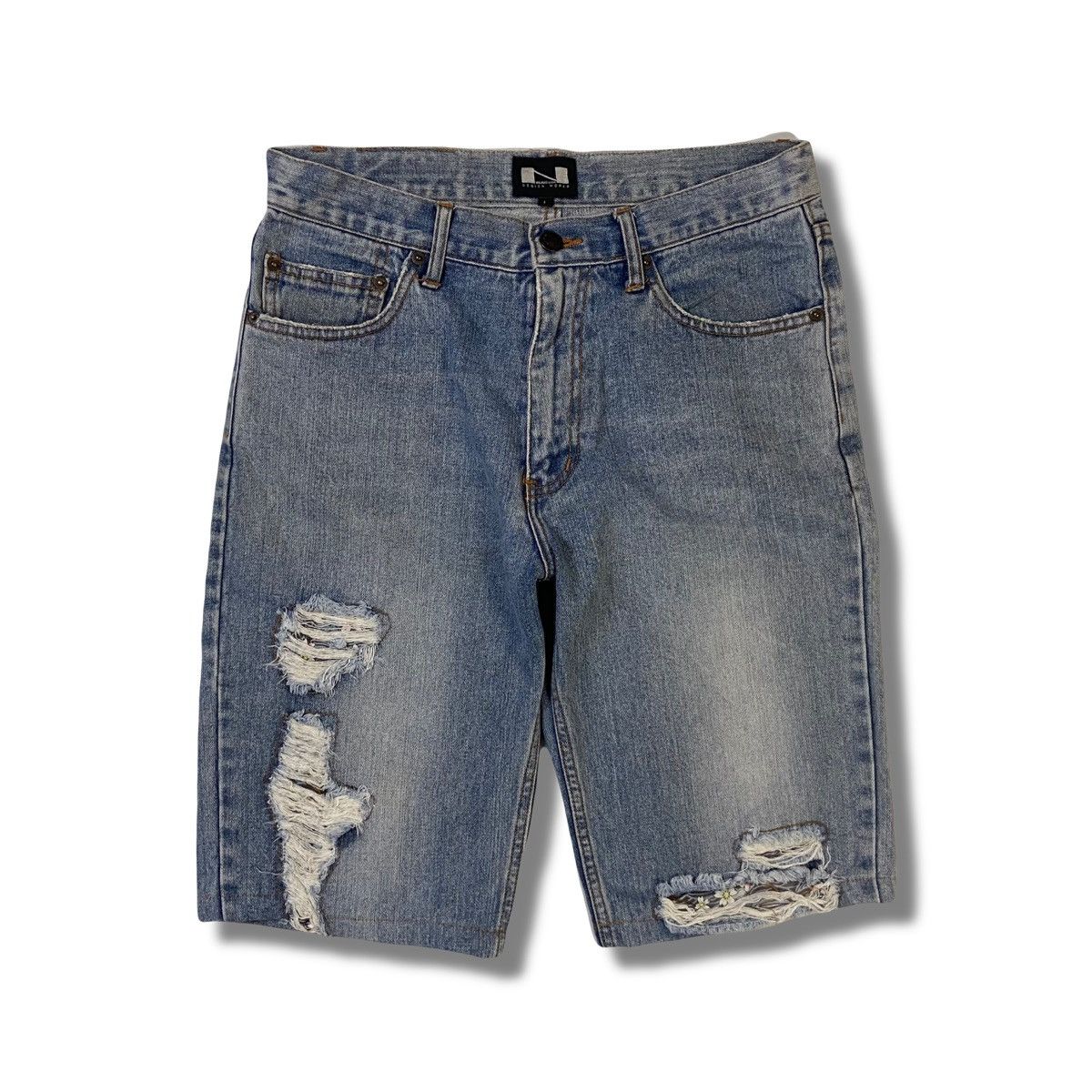 Japanese Brand Nylaus Crew Design Works Distressed Denim Shorts Size US 29 - 2 Thumbnail