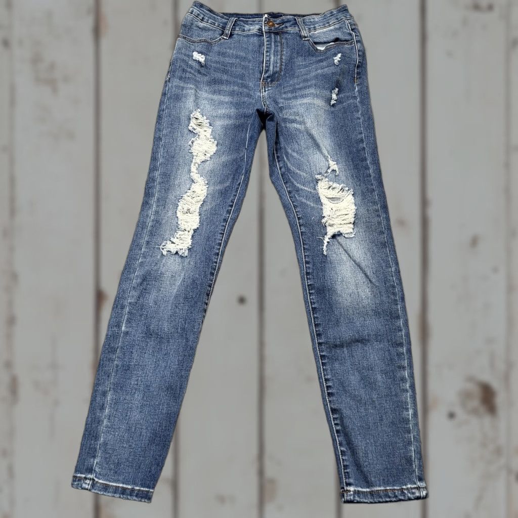 Vintage Rue 21 Jeans Juniors 5/6R Blue Mid Rise Skinny Flex Distressed Denim Preppy Jeans Shirt? Size 27" / US 4 / IT 40 - 1 Thumbnail