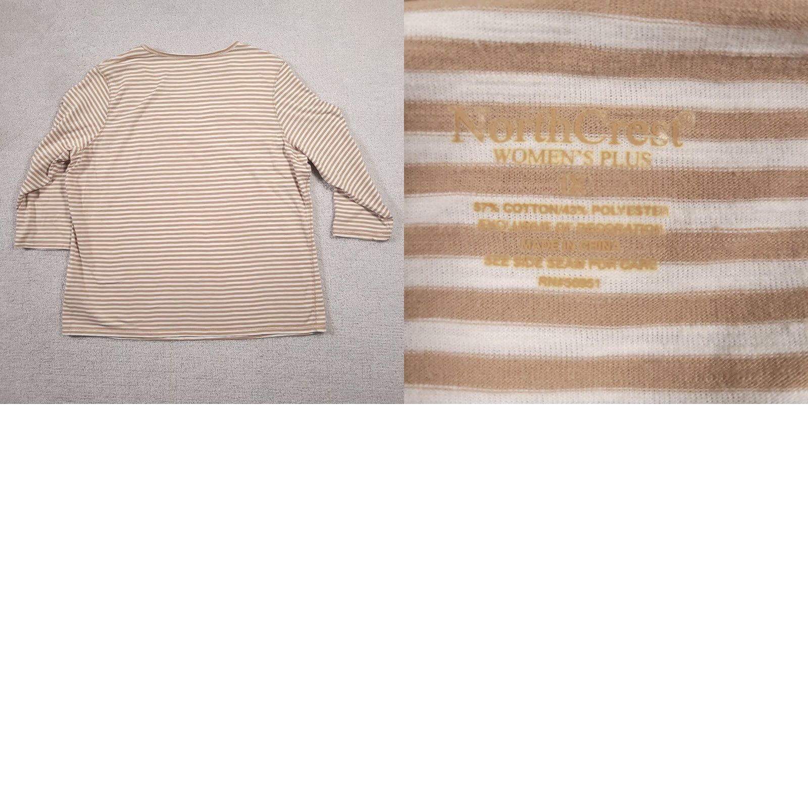 Vintage Northcrest Women's 1X Plus Brown Stripe 3/4 Sleeve Scoop Neck Crochet Shirt Size XL / US 12-14 / IT 48-50 - 8 Thumbnail