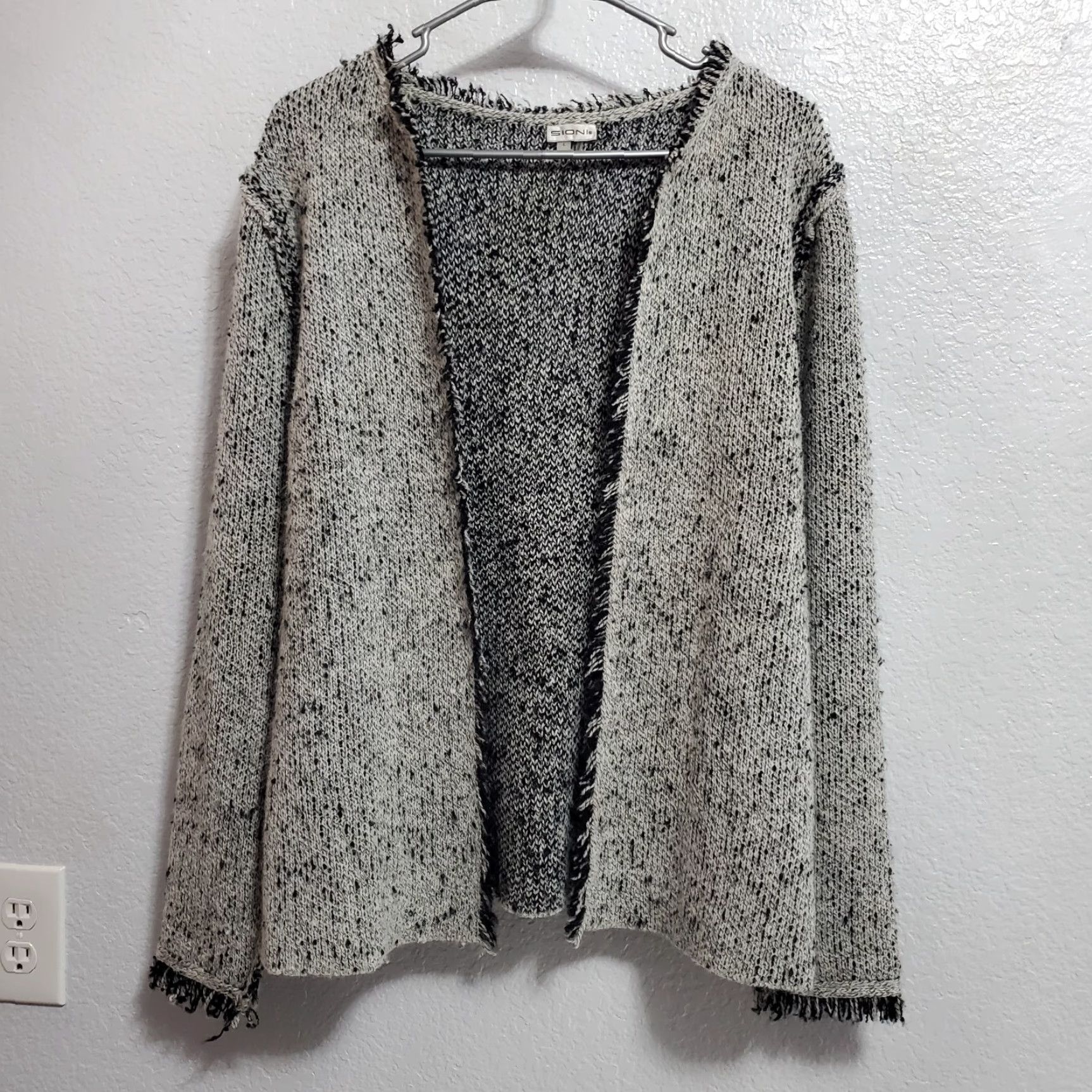 Vintage Sioni Cardigan Women L Gray Black Marled Wool Blend Eyelash Fringe Open Sweater Size L / US 10 / IT 46 - 2 Thumbnail