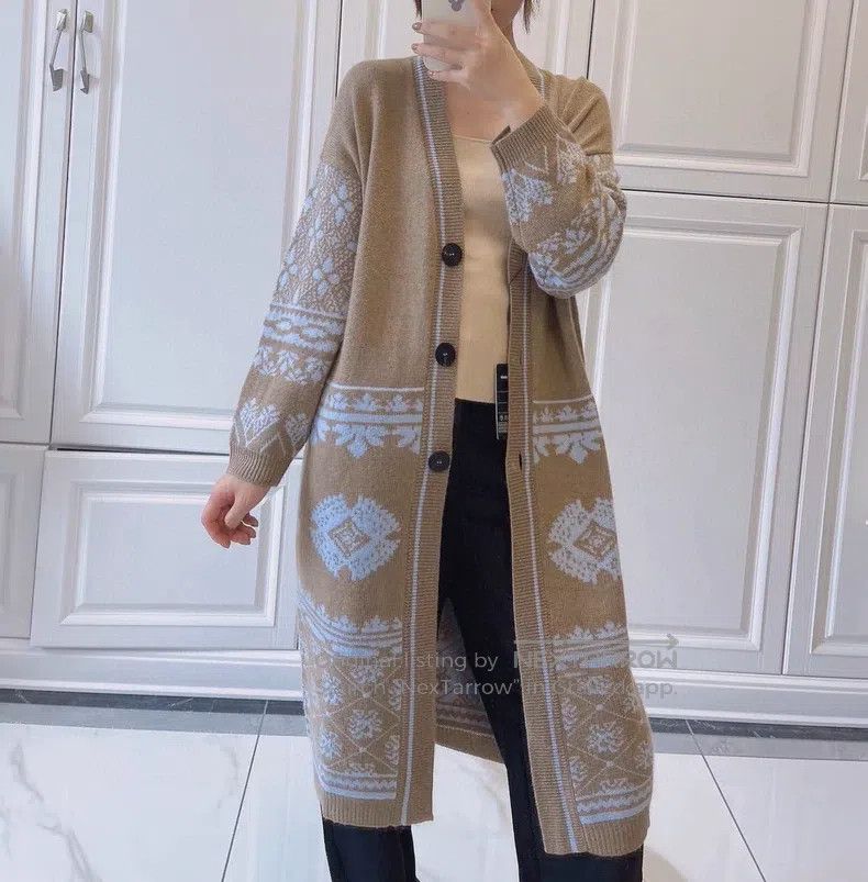 Hermes Hermes Khaki long cashmere knit coat with blue pattern Size XXS / US 00 / IT 34 - 6 Thumbnail