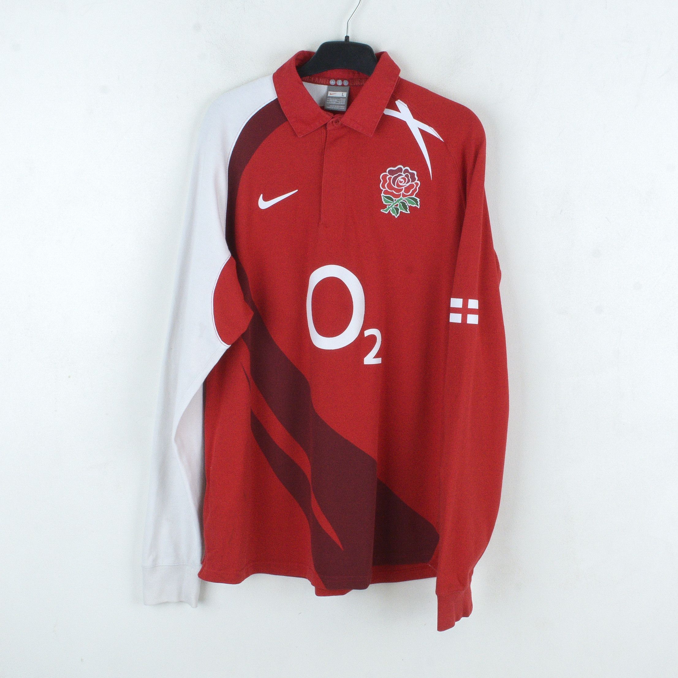 image of England Rugby League x Nike England L Rugby Union Long Sleeve Away Polo Jersey 2007 2008 in Red (Si