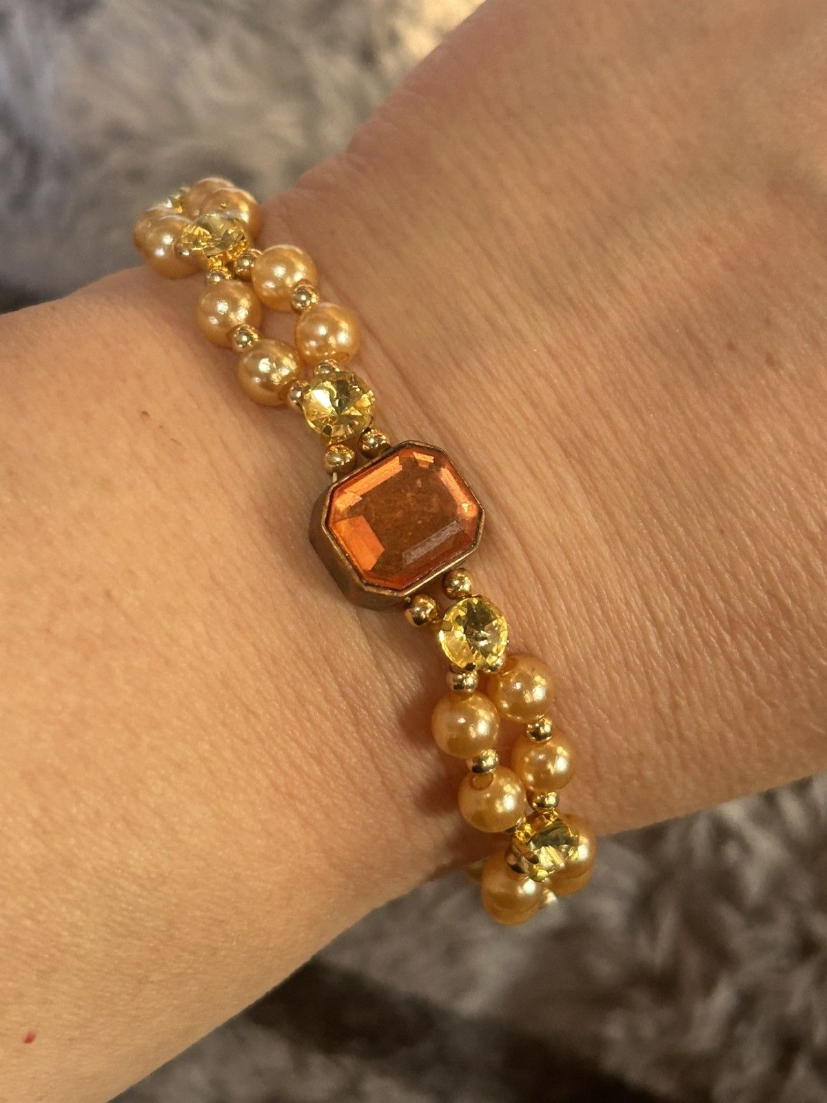 Handmade Handcrafted vintage gem citrine dome crystal pearl bracelet Size ONE SIZE - 1 Thumbnail