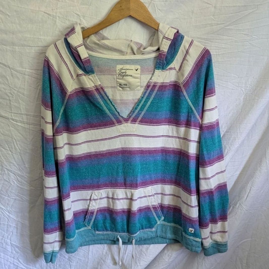Vintage VINTAGE American Eagle Striped Sweatshirt Hoodie XL Womens Teal White Purple Pullover Y2K Size XL / US 12-14 / IT 48-50 - 2 Thumbnail