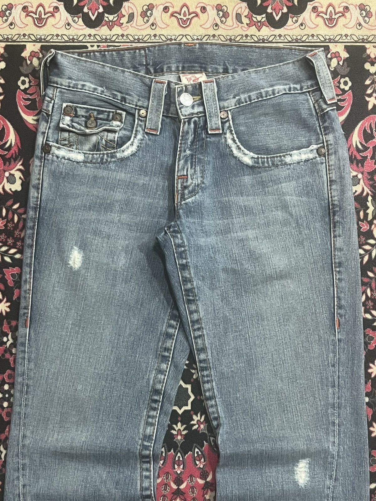 True Religion True Religion Joey Brown Leather Flap Pocket Flare Blue Jean Size US 28 / EU 44 - 4 Thumbnail