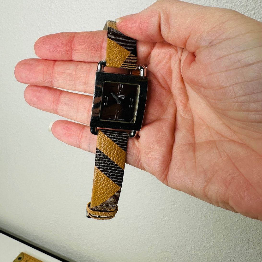 Coach Coach Silver Square Bronze Face Watch Tan Plaid Watchband Size ONE SIZE - 7 Thumbnail