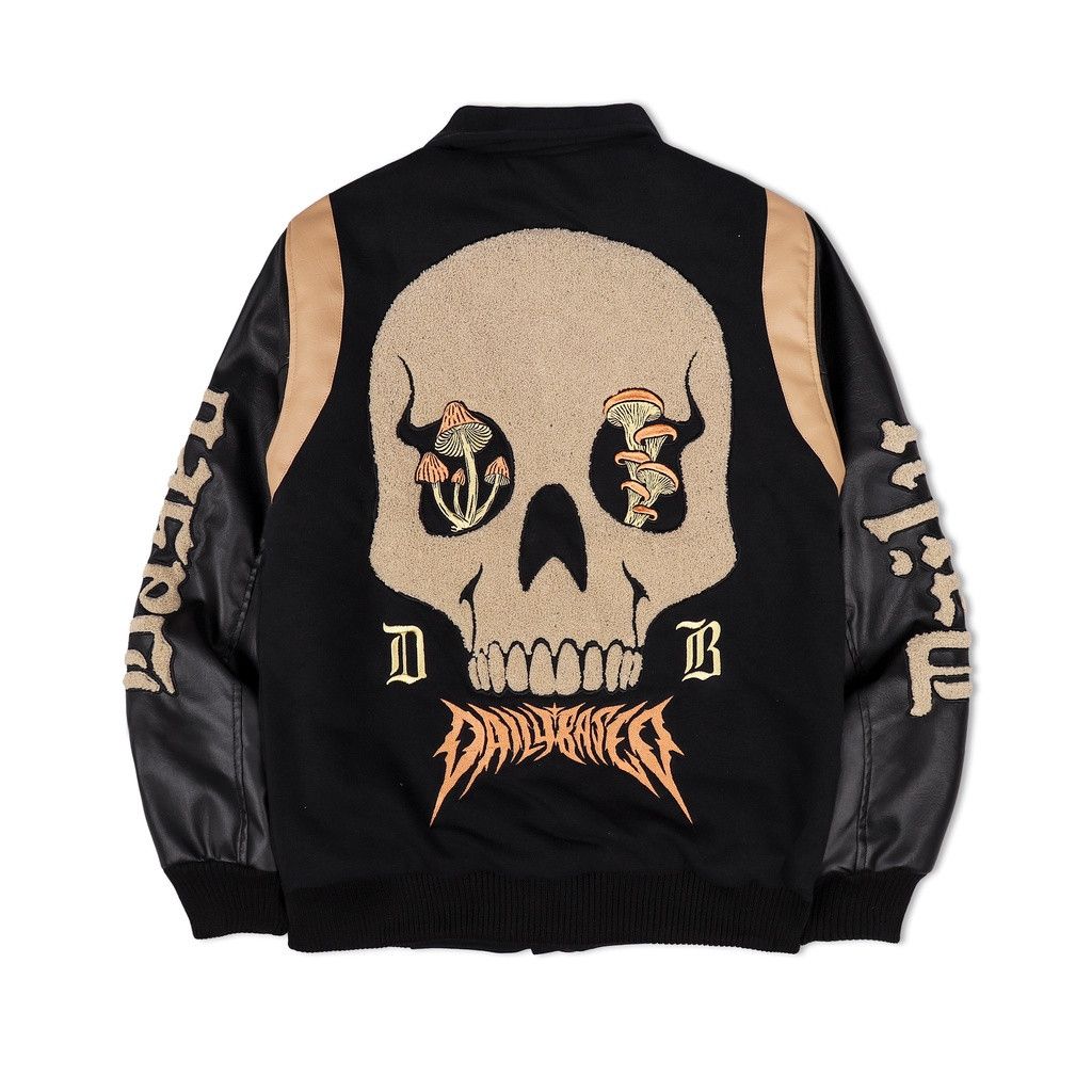 image of Bomber Jacket x Varsity Jacket Varsity Embroidery Jacket Skull Art in Black, Men's (Size Medium)