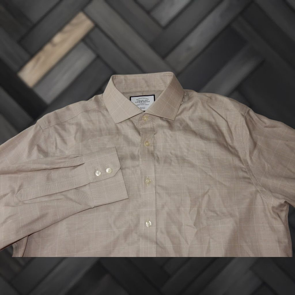 Charles Tyrwhitt Charles Tyrwhitt Mens Dress Shirt Size 17-34 Slim Fit Plaid Beige Long Sleeve Size 46R - 1 Thumbnail