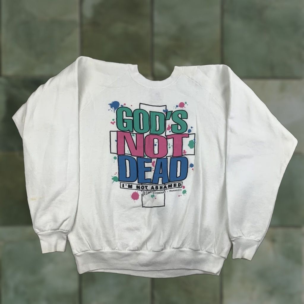 Fruit Of The Loom VINTAGE Gods Not Dead Concert Sweatshirt Men XL White 90s 90s Religion Al Denson Pullover Crew Neck Fruit of the Loom Sweatshirt Mens VINTAGE Size US XL / EU 56 / 4 - 1 Thumbnail