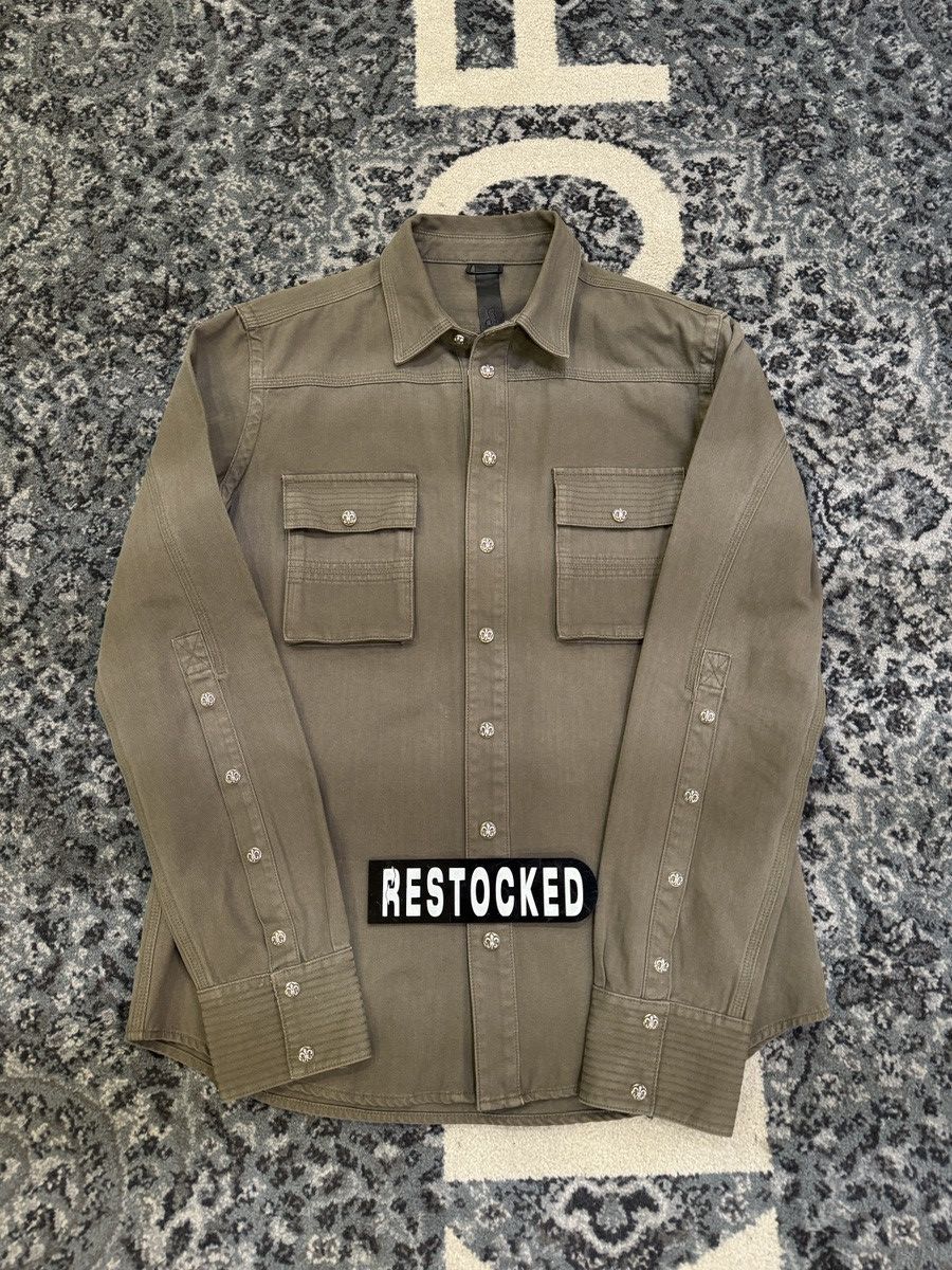 Chrome Hearts Olive & Black Leather Fleur Patch Button Up Shirt