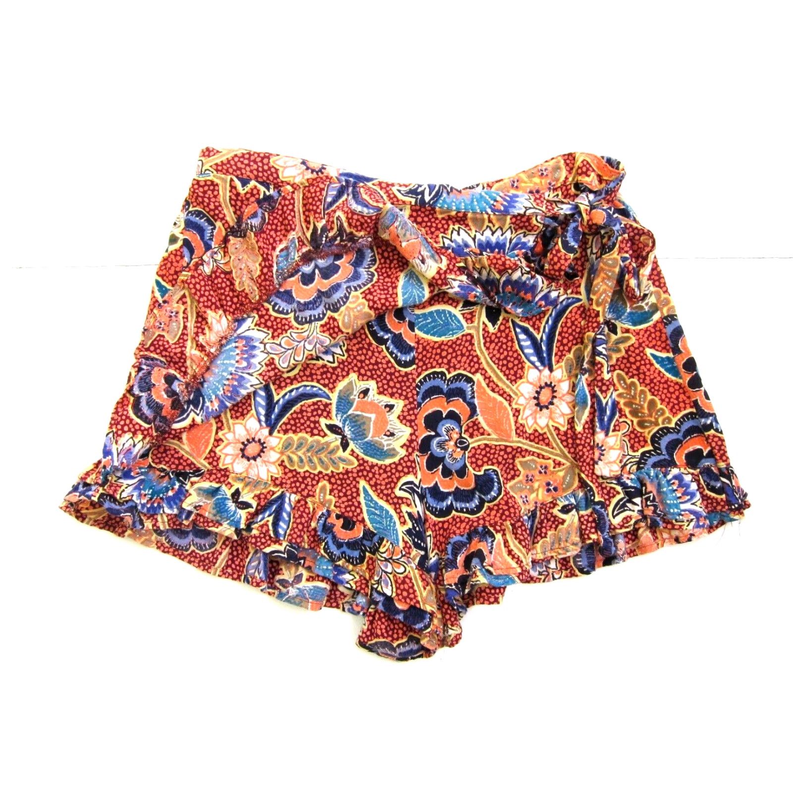 Vintage Angie Women Floral High Rise Ruffle Wrap Shorts 100% Rayon Orange Blue Large Size 36" / US 14 / IT 50 - 7 Thumbnail