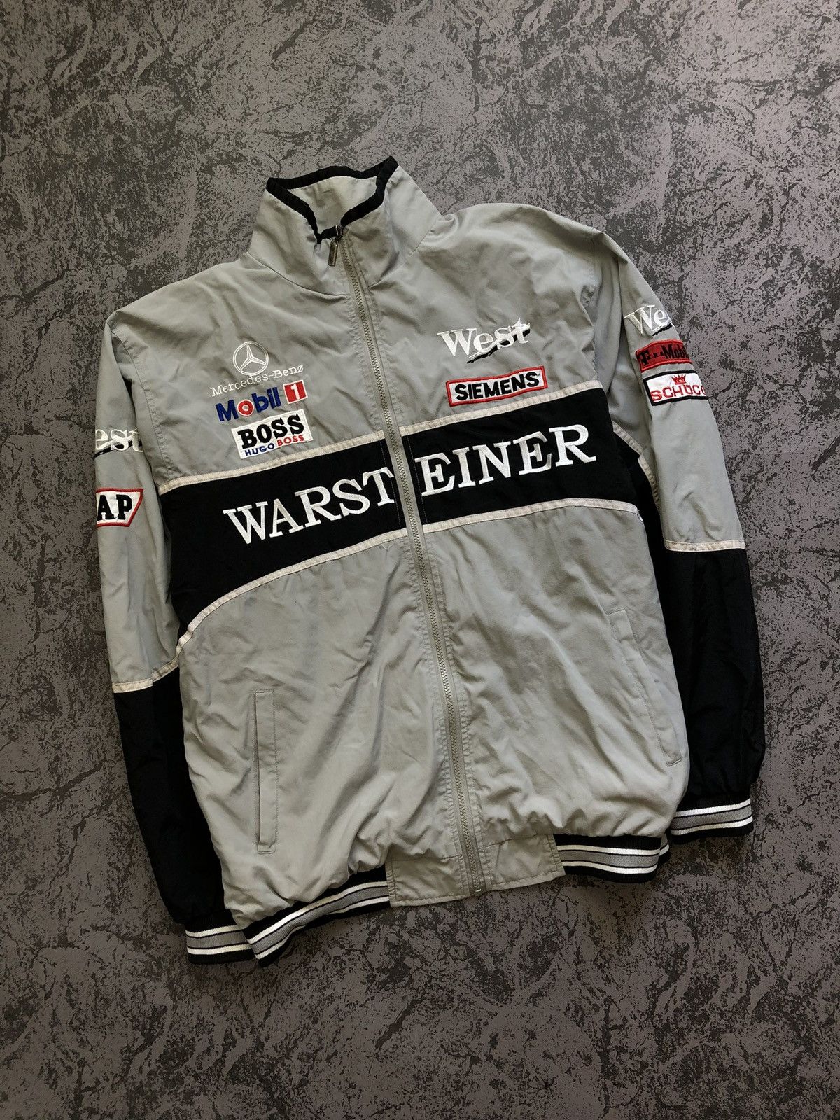 Image of Mercedes Benz x Racing Vintage Racing Jacket Mercedes-Benz West F1 Hugo Warsteiner in Silver (Size 