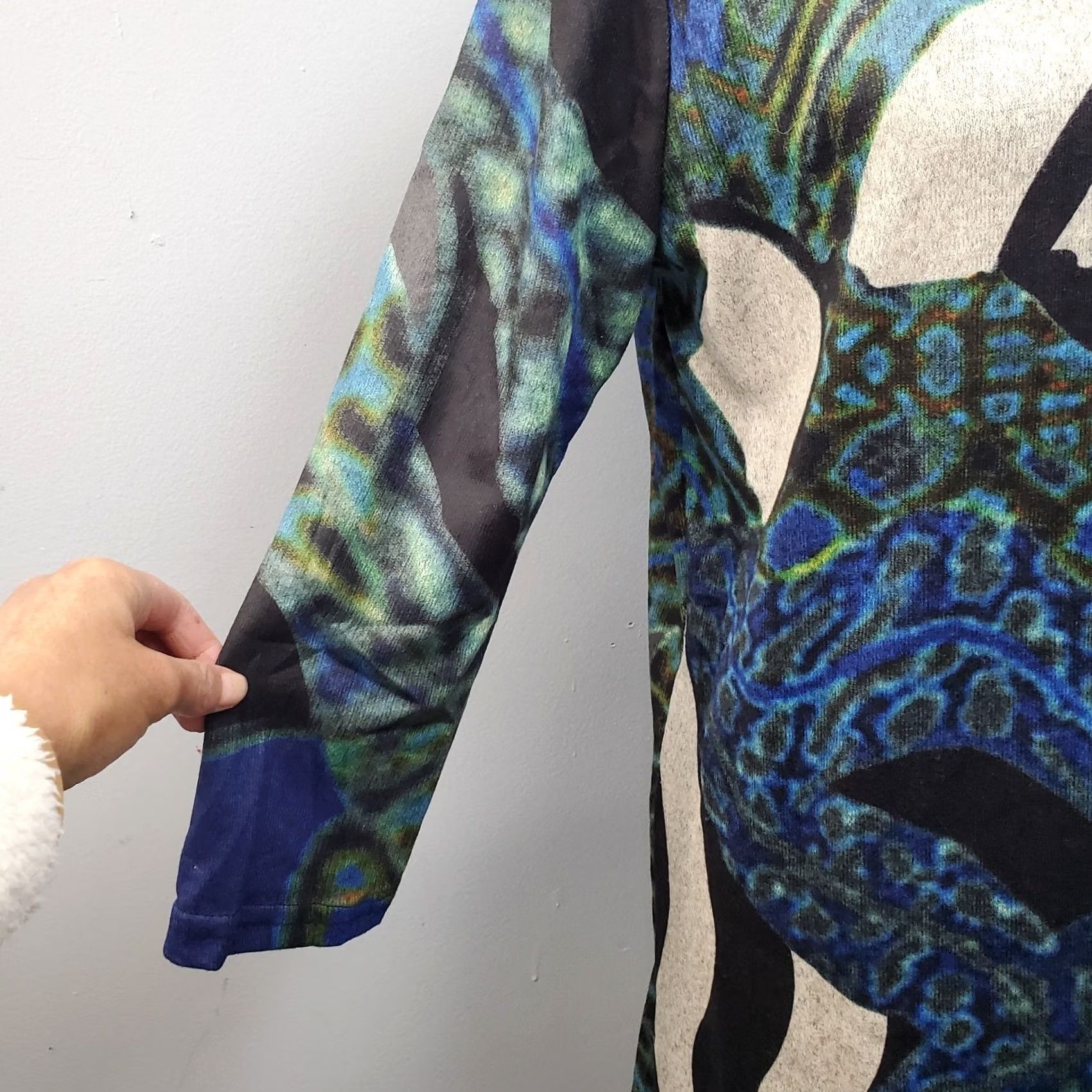 Vintage Simply Couture Sweater Dress - Womens M Multi Peacock Print Lined Cut V Round Neck Size M / US 6-8 / IT 42-44 - 7 Thumbnail