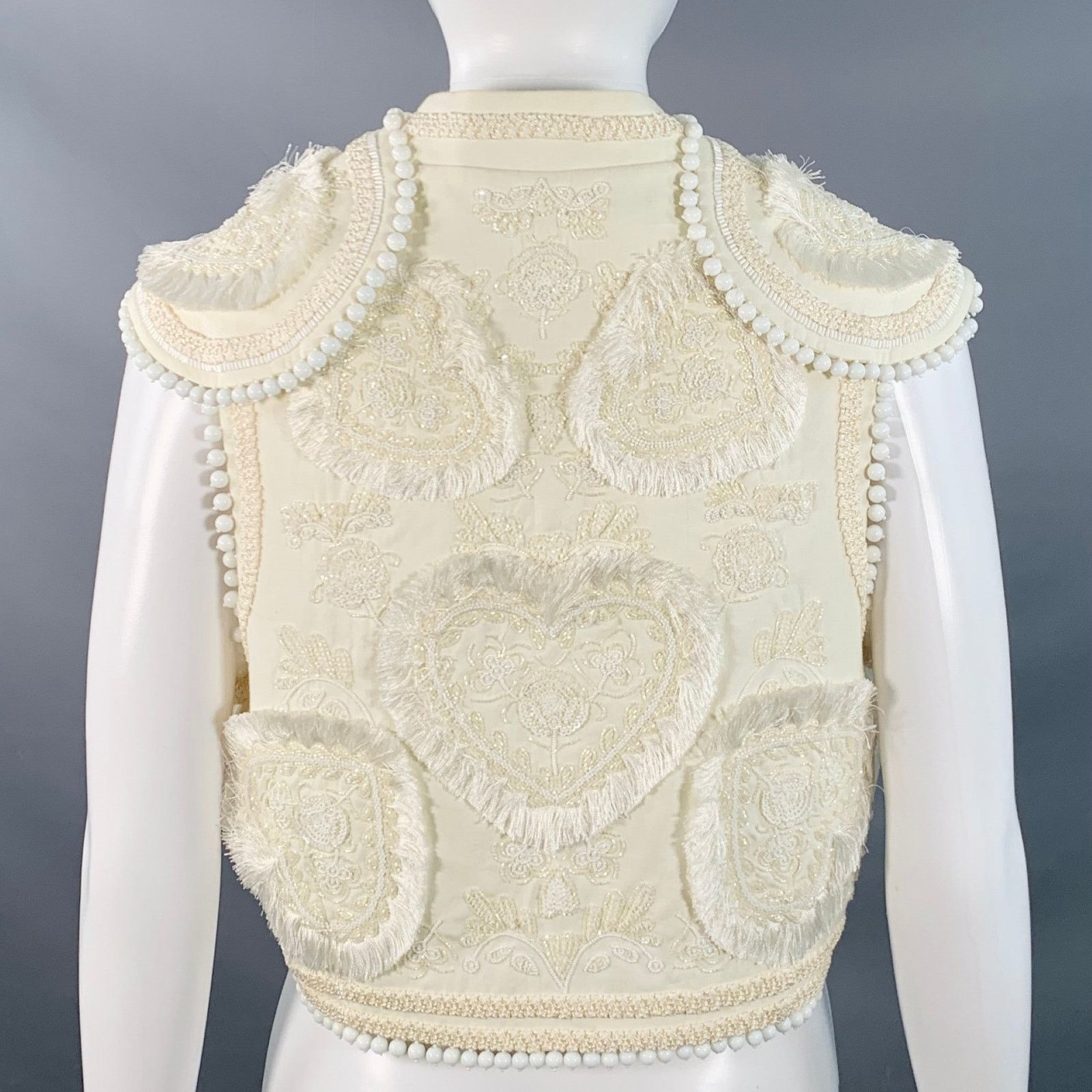 Figue Cream Cotton Embellished Beaded Fringe Cap Sleeve Vest Size S / US 4 / IT 40 - 6 Thumbnail
