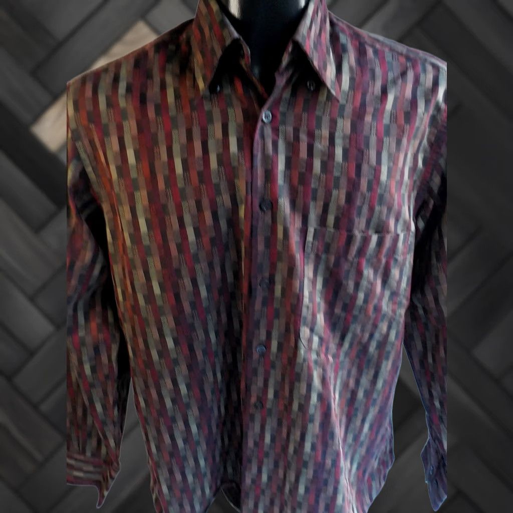 Vintage MAUS & HOFFMAN Button Down Shirt LS Print Cotton Blend SZ M Maroon Beige Black Mens Size US M / EU 48-50 / 2 - 1 Thumbnail
