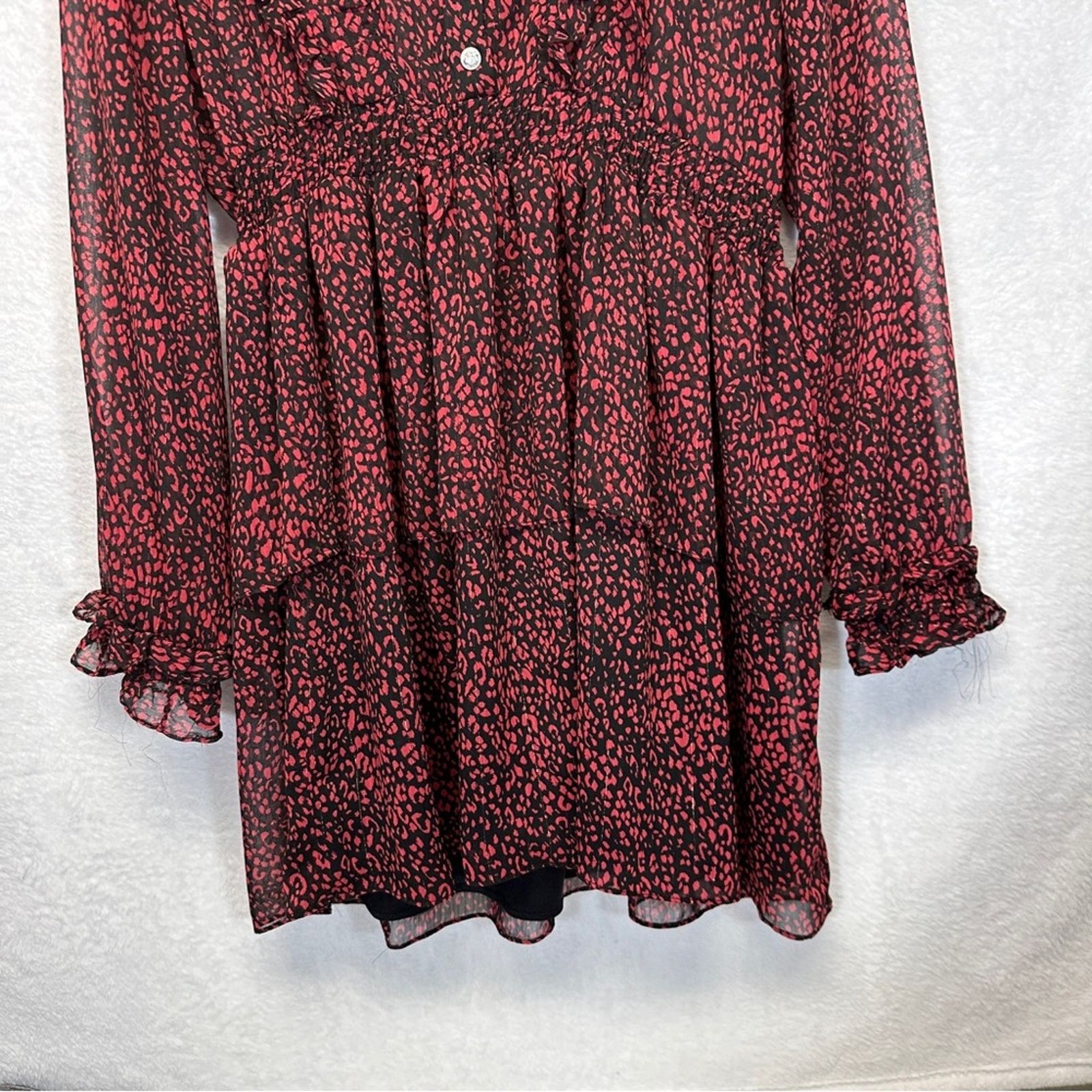 Zara Zara Red & Black Cheetah Print Long Sleeve Ruffled Dress Size L / US 10 / IT 46 - 3 Thumbnail