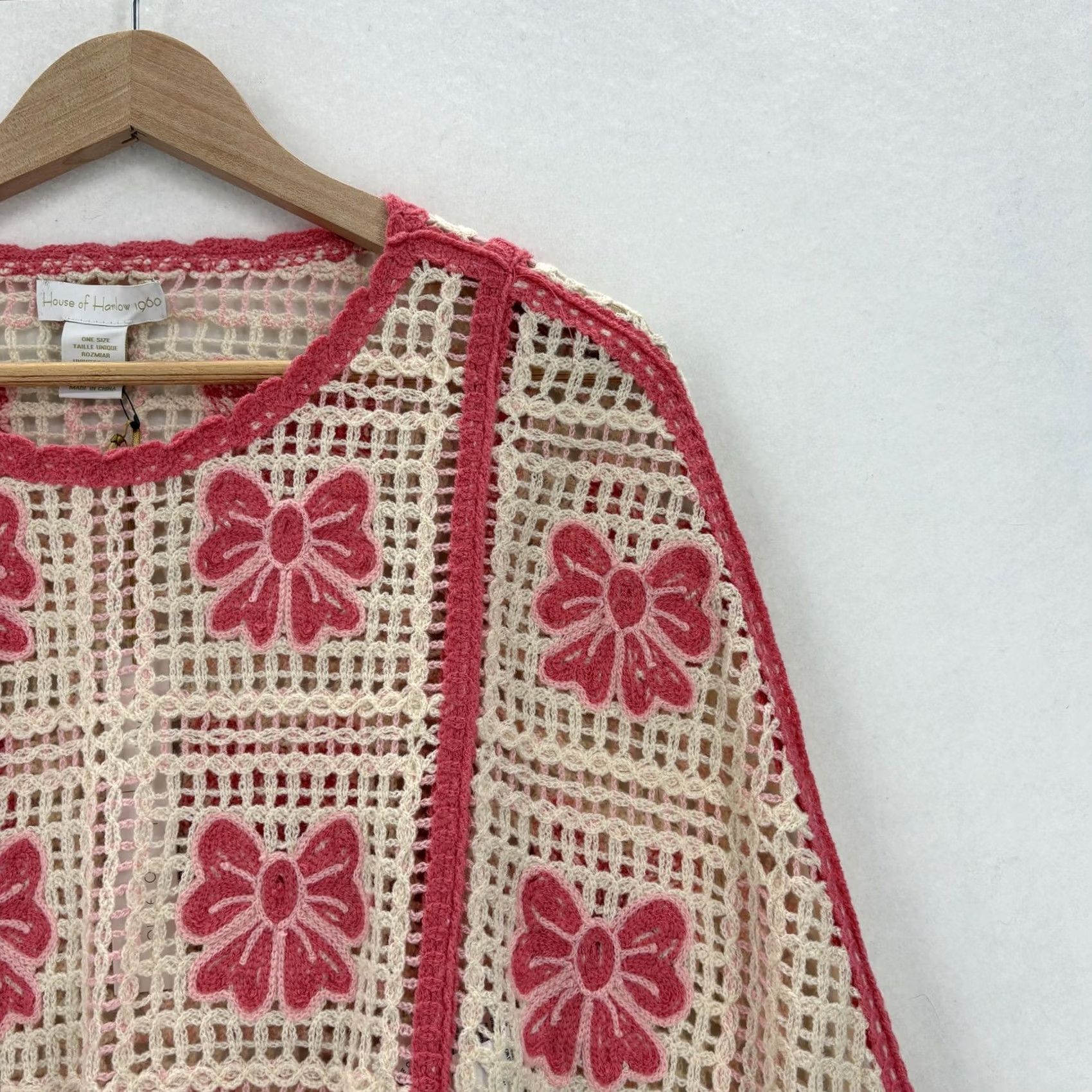 Vintage House Of Harlow 1960 Sweater Womens One Size Pink Crochet Floral Fringe Boho NWT Size ONE SIZE - 2 Thumbnail