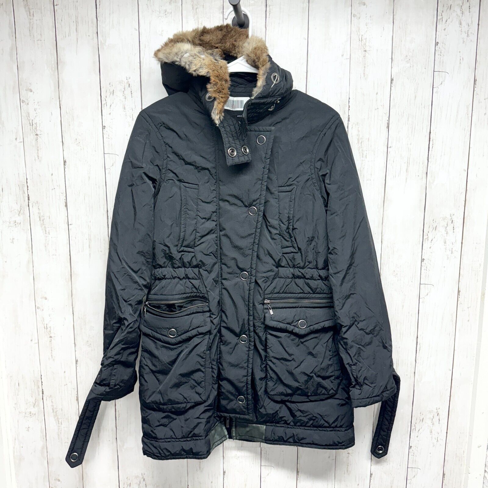 THEORY Jacket Women Size P/S Black Full Zip Hooded Black Fur