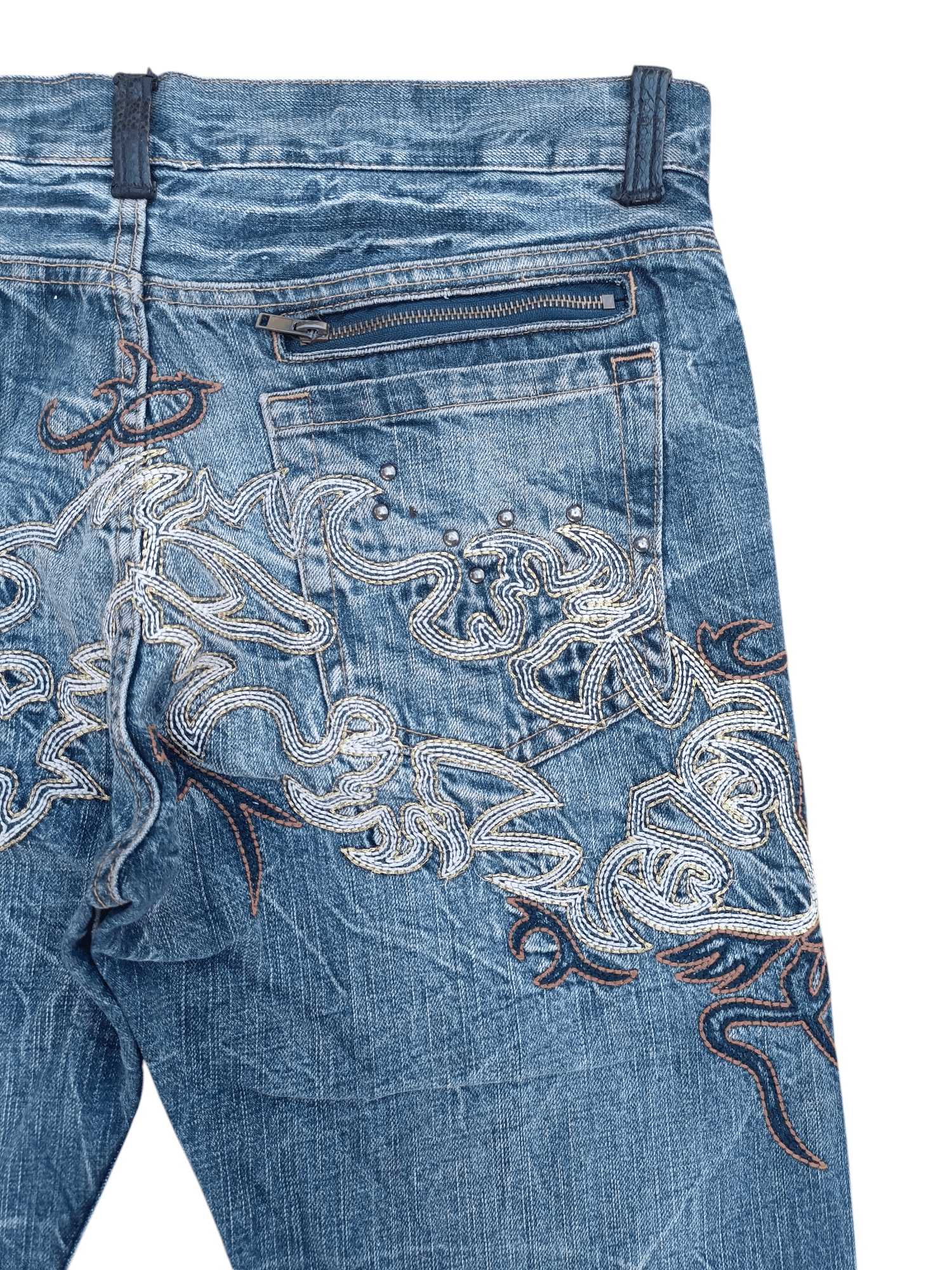 Japanese Brand × Tornado Mart RARE 💥 JAPANESE BRAND WHISKERS DISTRESSED EMBROIDERY DENIM Size US 34 / EU 50 - 6 Thumbnail
