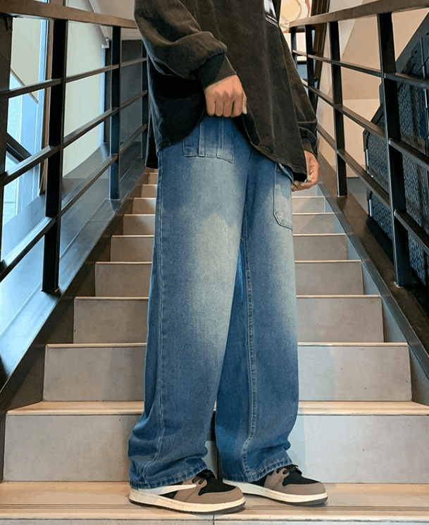 Men's Japanese style washed vintage multi-pocket work jeans