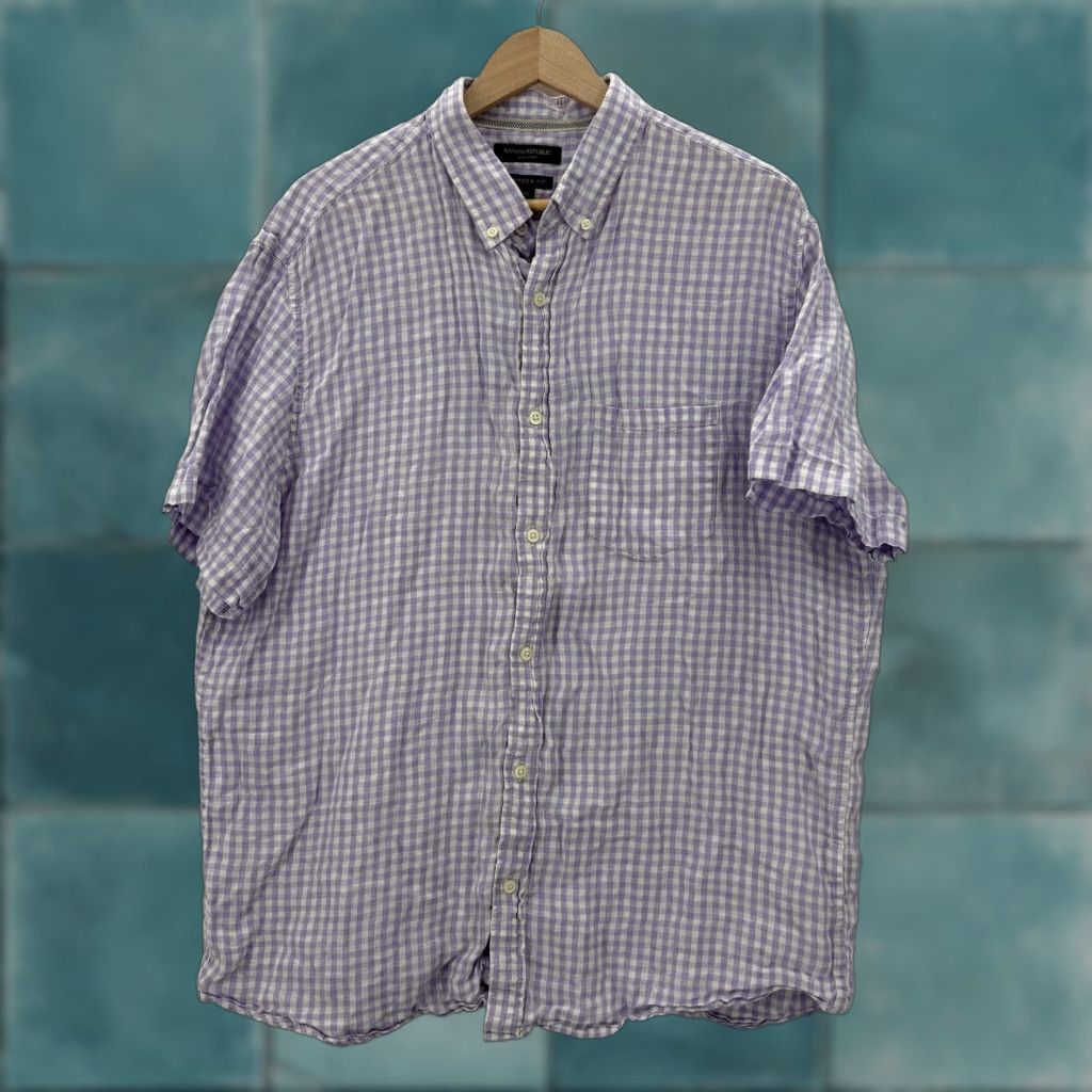Banana Republic Banana Republic Shirt Mens XL Purple Check Short Sleeve Button Up Camden Linen Size US XL / EU 56 / 4 - 1 Thumbnail