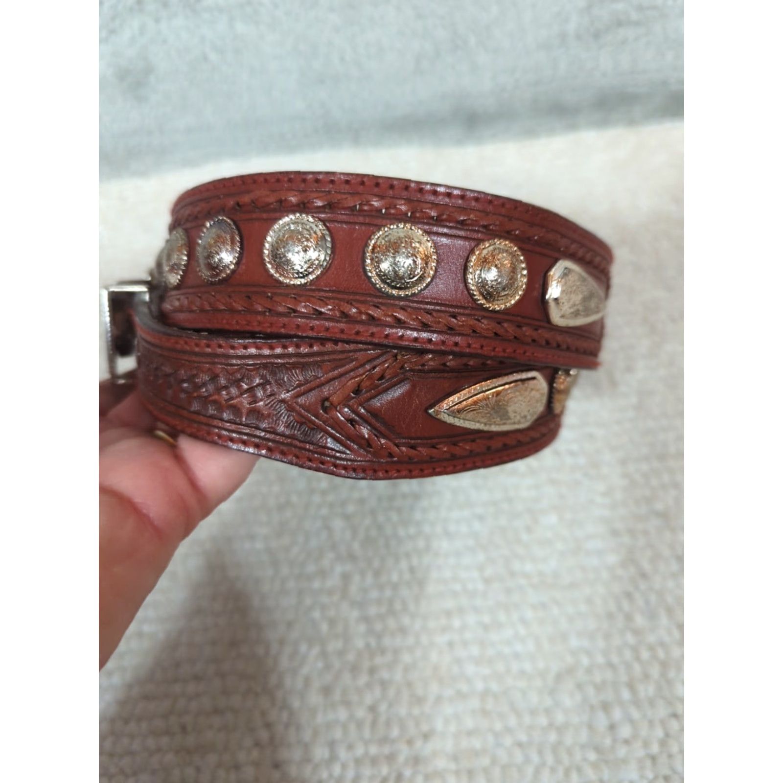 Vintage Nocona Western Belt Unisex Adults Size 32 Brown Leather Hand Tooled Medallions Buckle Adjustable USA Size 32 - 2 Thumbnail