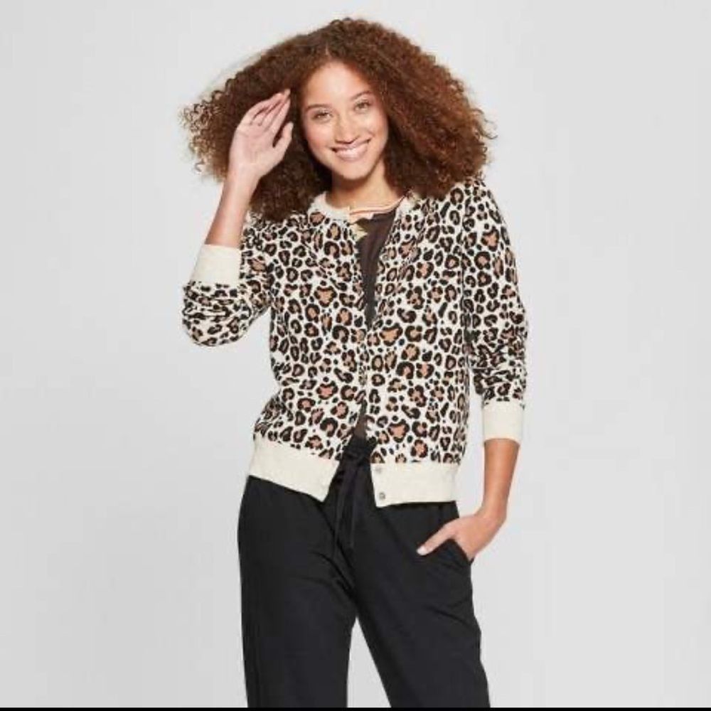 Other a new day Brown and Cream Cardigan Sweater with Animal Print Size L / US 10 / IT 46 - 1 Thumbnail