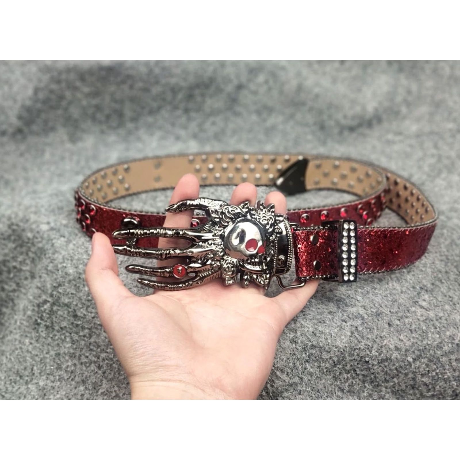 Vintage VINTAGE Punk Rock Western Belt Mens One Size Red Glitter Skull Hand Buckle Studded Leatherette Faux Leather Opium Y2K Style Size ONE SIZE - 4 Thumbnail