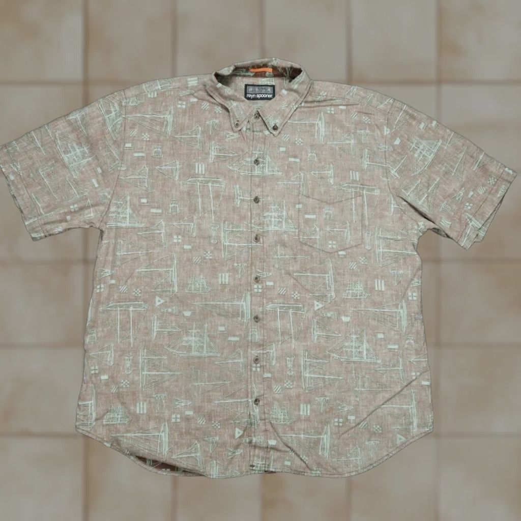 Reyn Spooner VINTAGE Reyn Spooner Shirt Mens 2XL Brown Hawaiian Inside Out Linen Cotton Sailing Geometric Short Sleeve Button-Up Collared All Seasons Lightweight Size US XXL / EU 58 / 5 - 1 Thumbnail