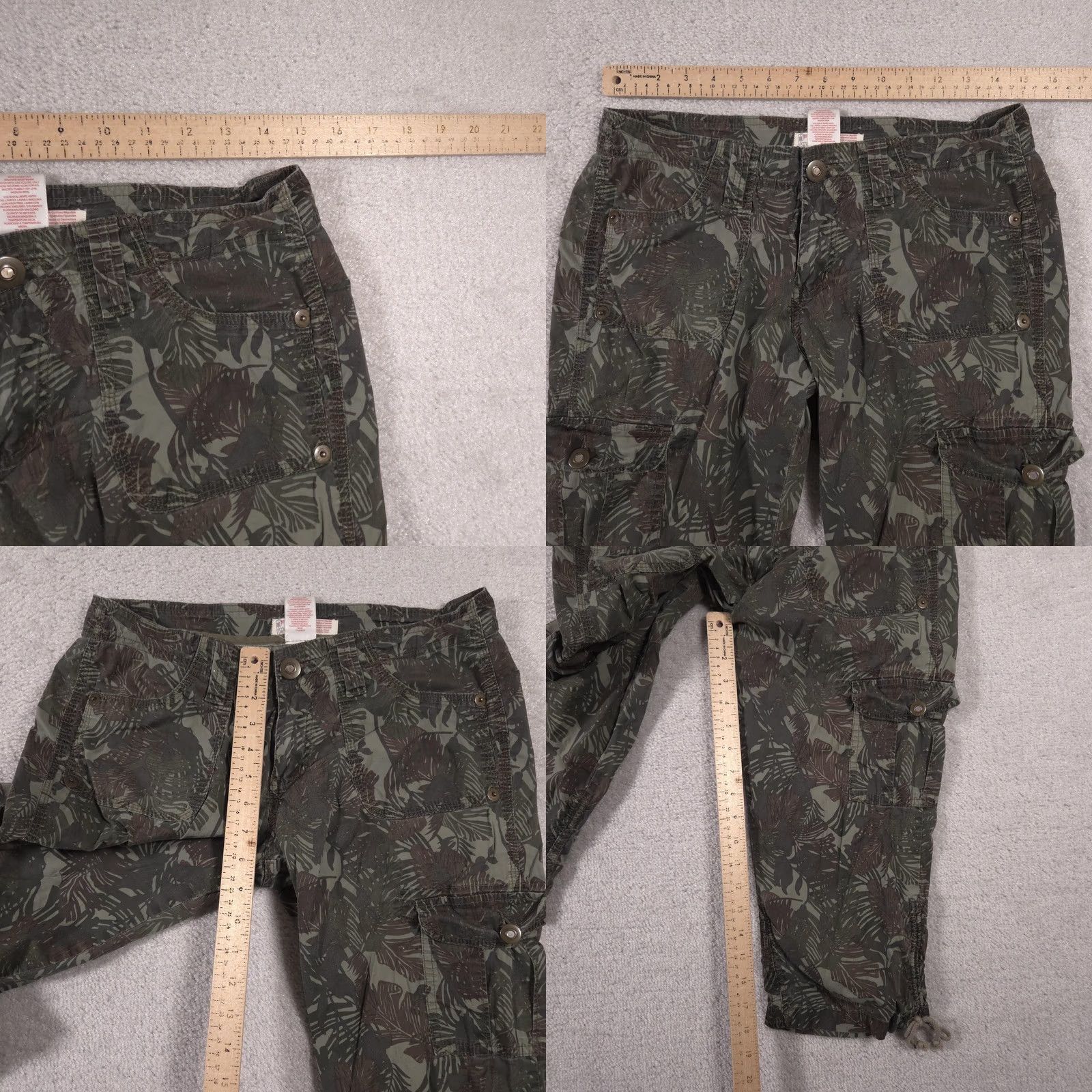Vintage No Boundaries Cargo Capri Pants Womens 11 Darkest Olive Camo Drawstring Stretch Capris Size 32" / US 10 / IT 46 - 8 Thumbnail