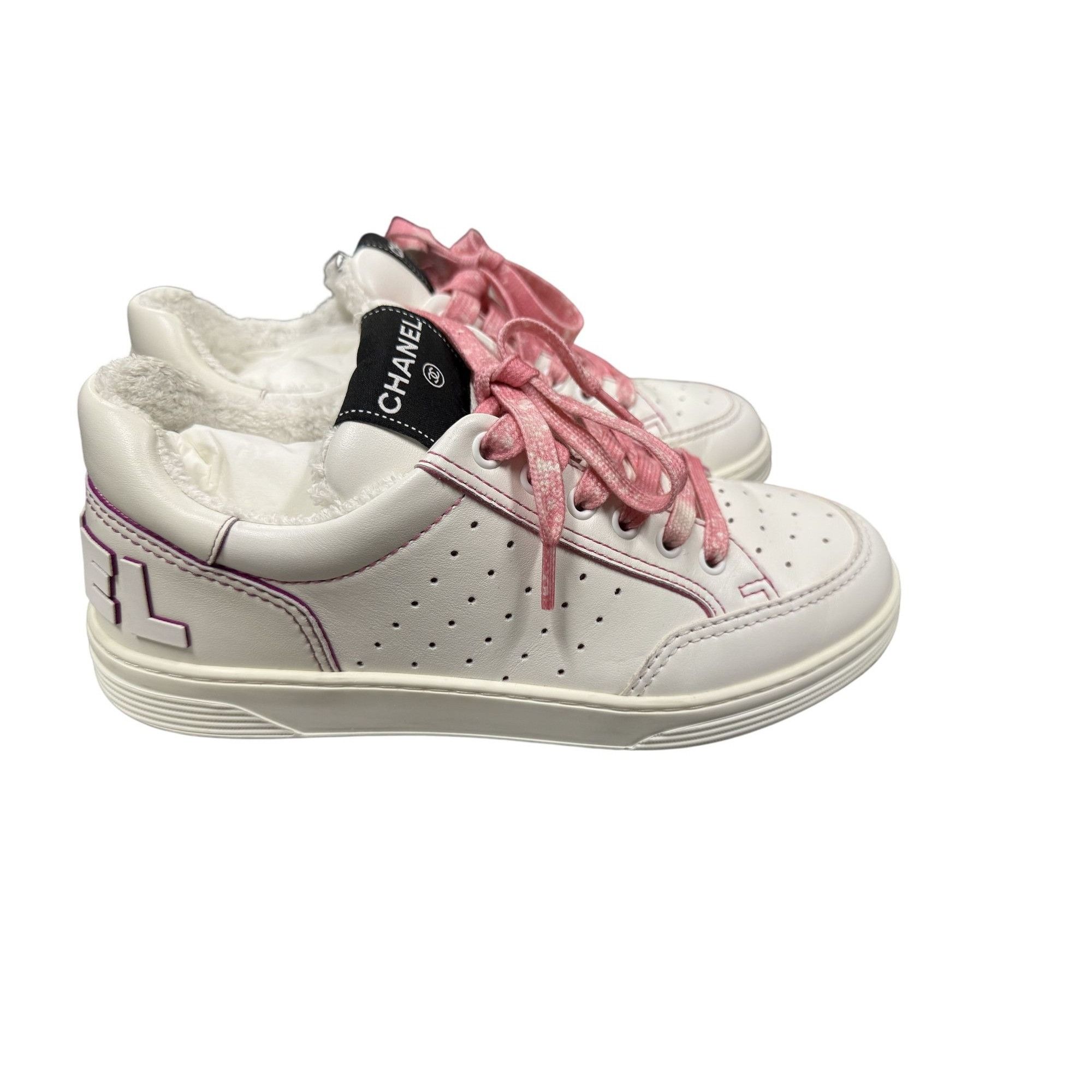 Chanel Chanel Womens White Sneakers With Pink Laces Faux Fur Lining Size US 8.5 / IT 38.5 - 3 Thumbnail