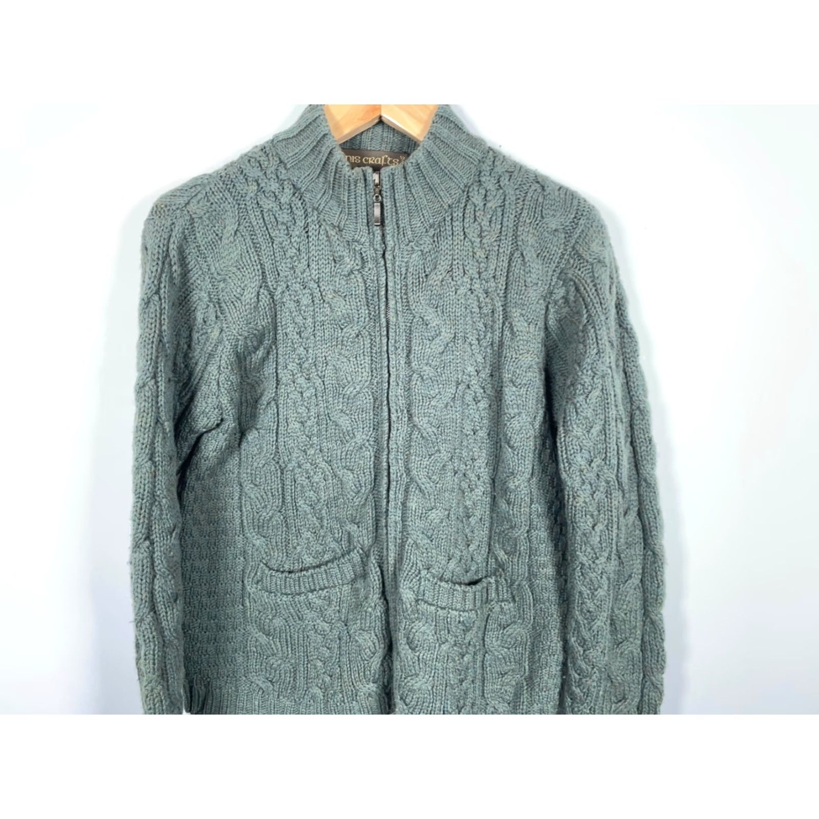 Vintage Inis Crafts Merino Wool Full Zip Sweater Women's Large Green Cable Knit Ireland Size L / US 10 / IT 46 - 4 Thumbnail