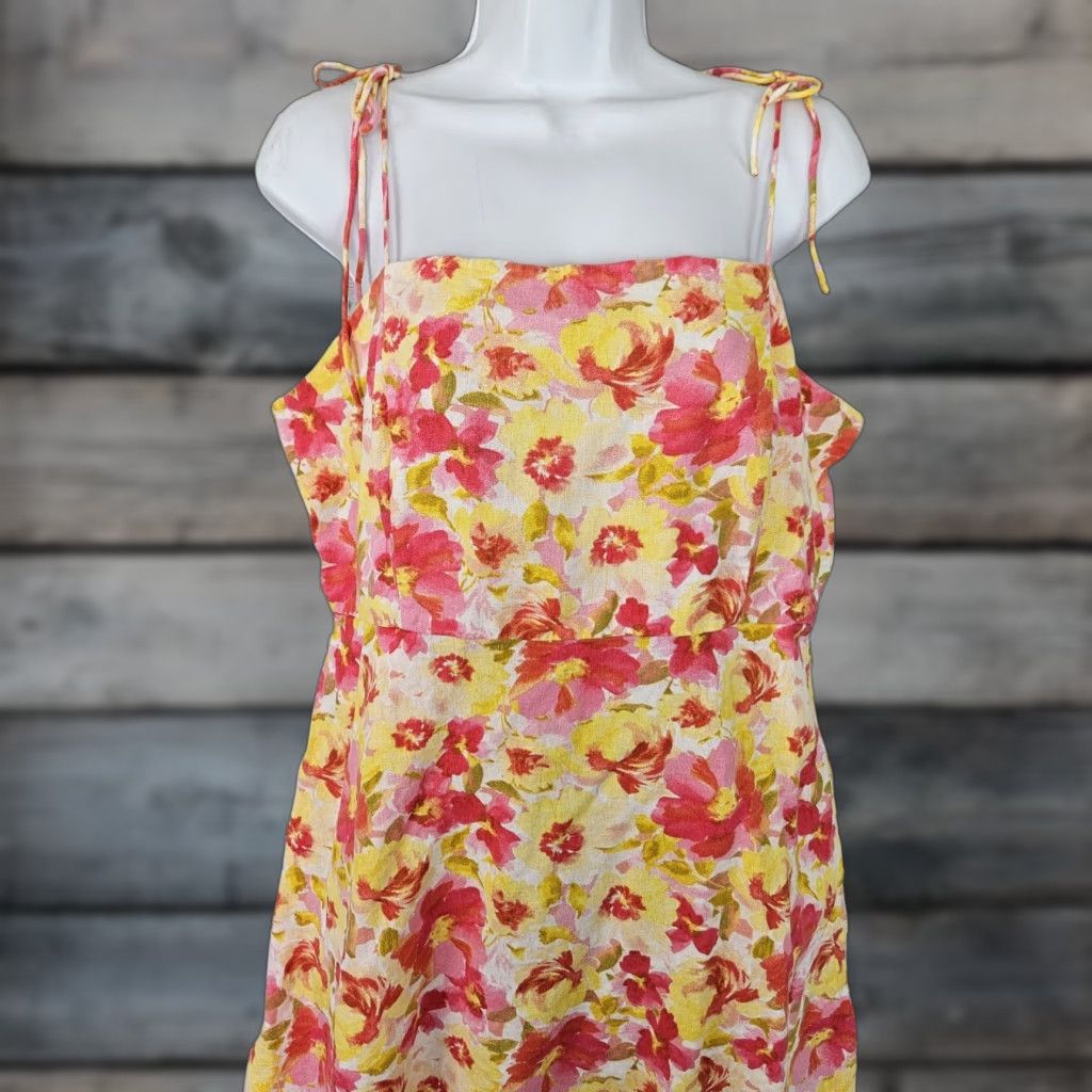 Old Navy Old Navy Womens Dress XL Pink Yellow Linen Blend Shoulder Ties Smocked Sundress Short Sleeveless Ul Floral Pattern Size XL / US 12-14 / IT 48-50 - 1 Thumbnail