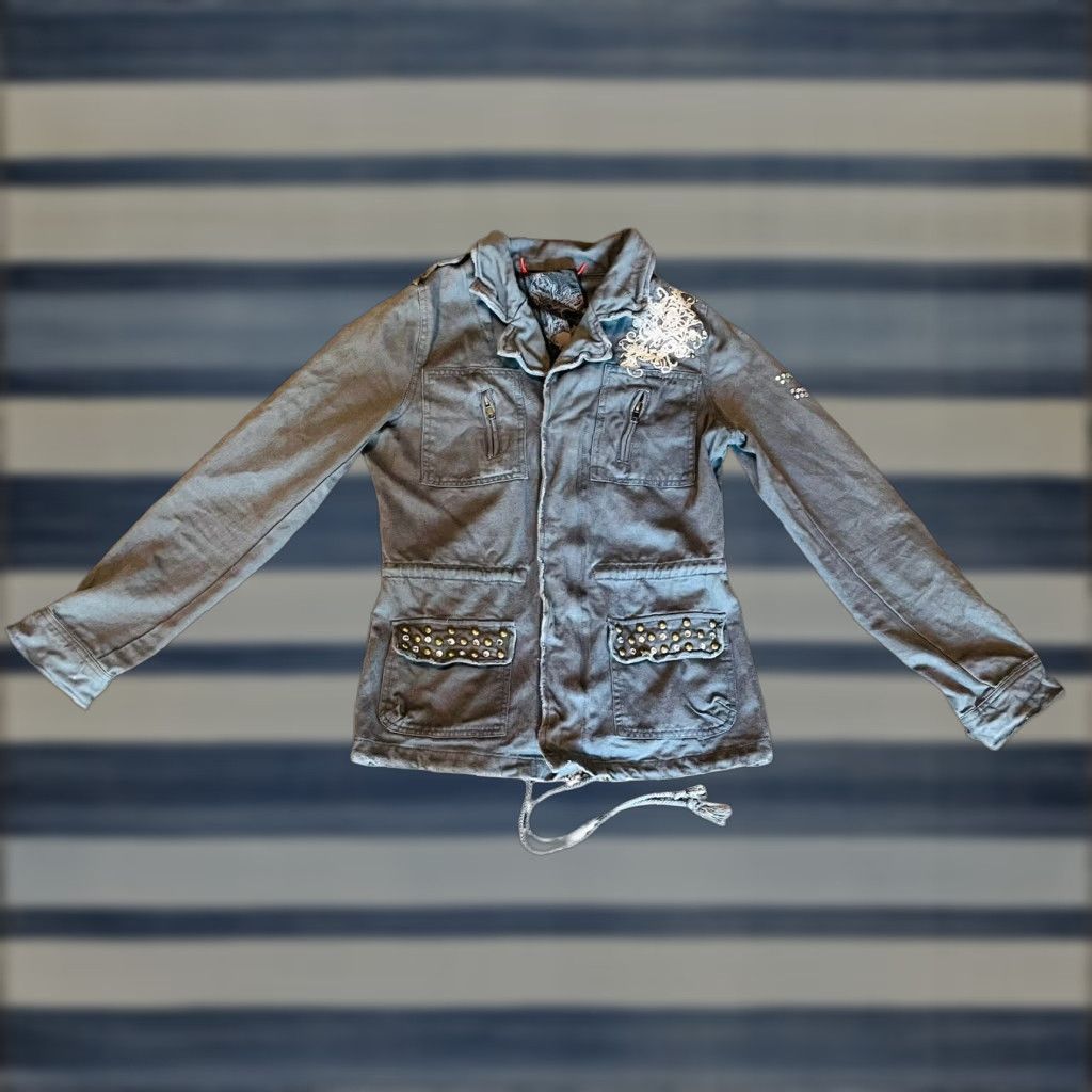 Miss Me Miss Me Women's Gray Distress Rhinestone Studded Jacket Sz Small Embroidered Size S / US 4 / IT 40 - 1 Thumbnail