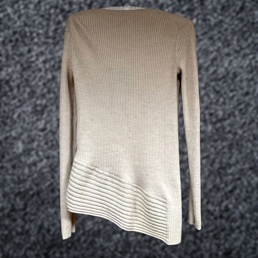Allsaints Allsaints Keld Crew Neck Ribbed Merino Wool Asymmetric Sweater Tan Medium Women’s Knit Long Sleeve Slim Pullover Size M / US 6-8 / IT 42-44 - 1 Thumbnail