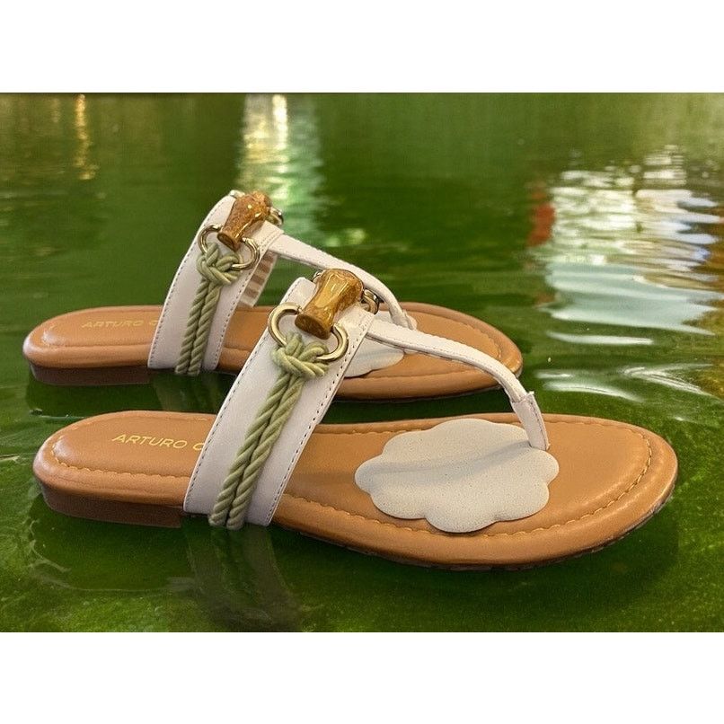 Arturo Chiang Sandals Size 6.5 Ivory White Rope Leather Thong, Women's