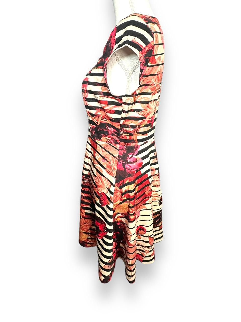 Designer Beige by eci Floral Striped Cap Sleeve Skater Dress M Size M / US 6-8 / IT 42-44 - 3 Thumbnail