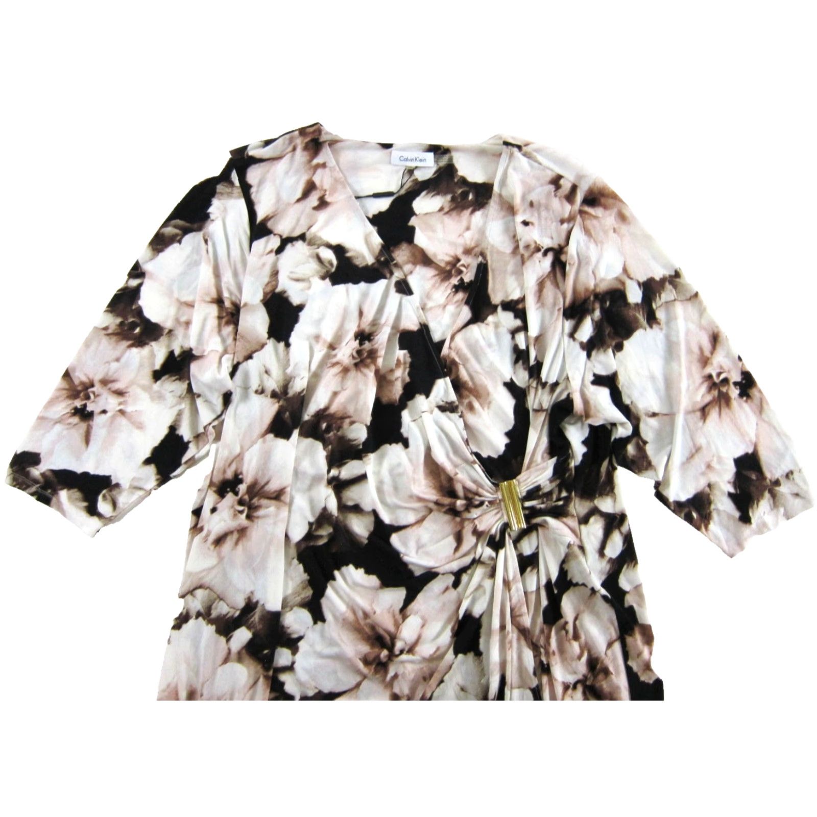 Calvin Klein Calvin Klein Dress NWT Wrap Midi Short Sleeve Floral 3X Womens Brown Pink Ivory Polyester Spandex Wrap Dress Size 40" / US 18 - 4 Thumbnail
