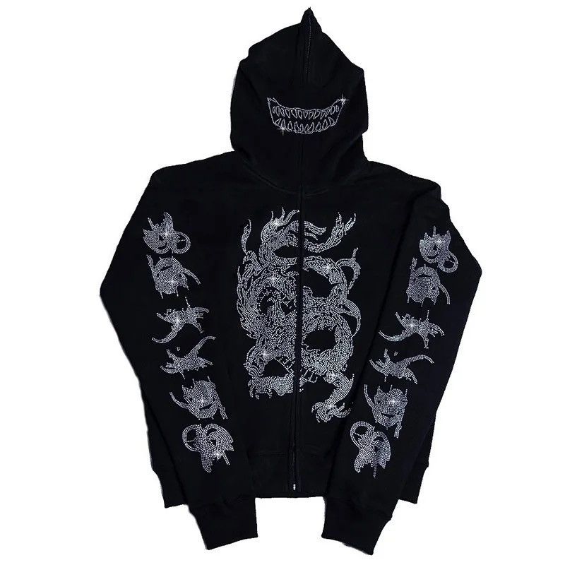 Rhinestone Skull Dragon Zip Up Hoodie