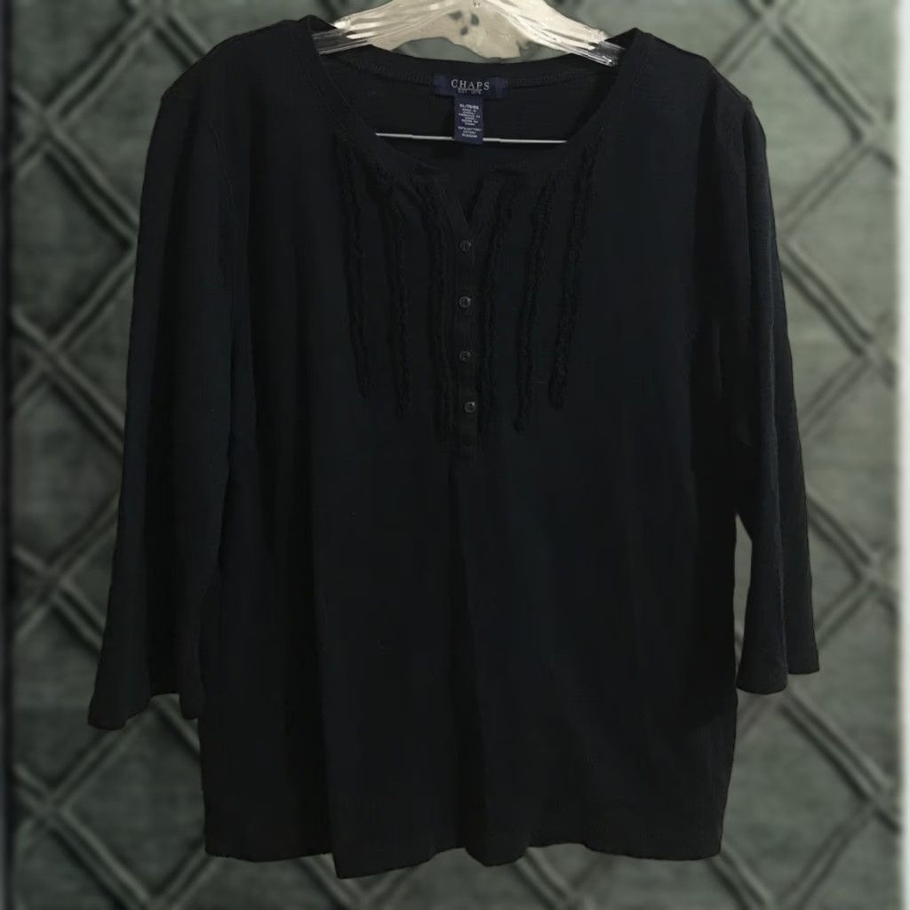 Chaps Chaps Women Knit Top 3/4 Sleeve Button Black XL 100% Cotton Ruffle B767 Shirt Size XL / US 12-14 / IT 48-50 - 1 Thumbnail