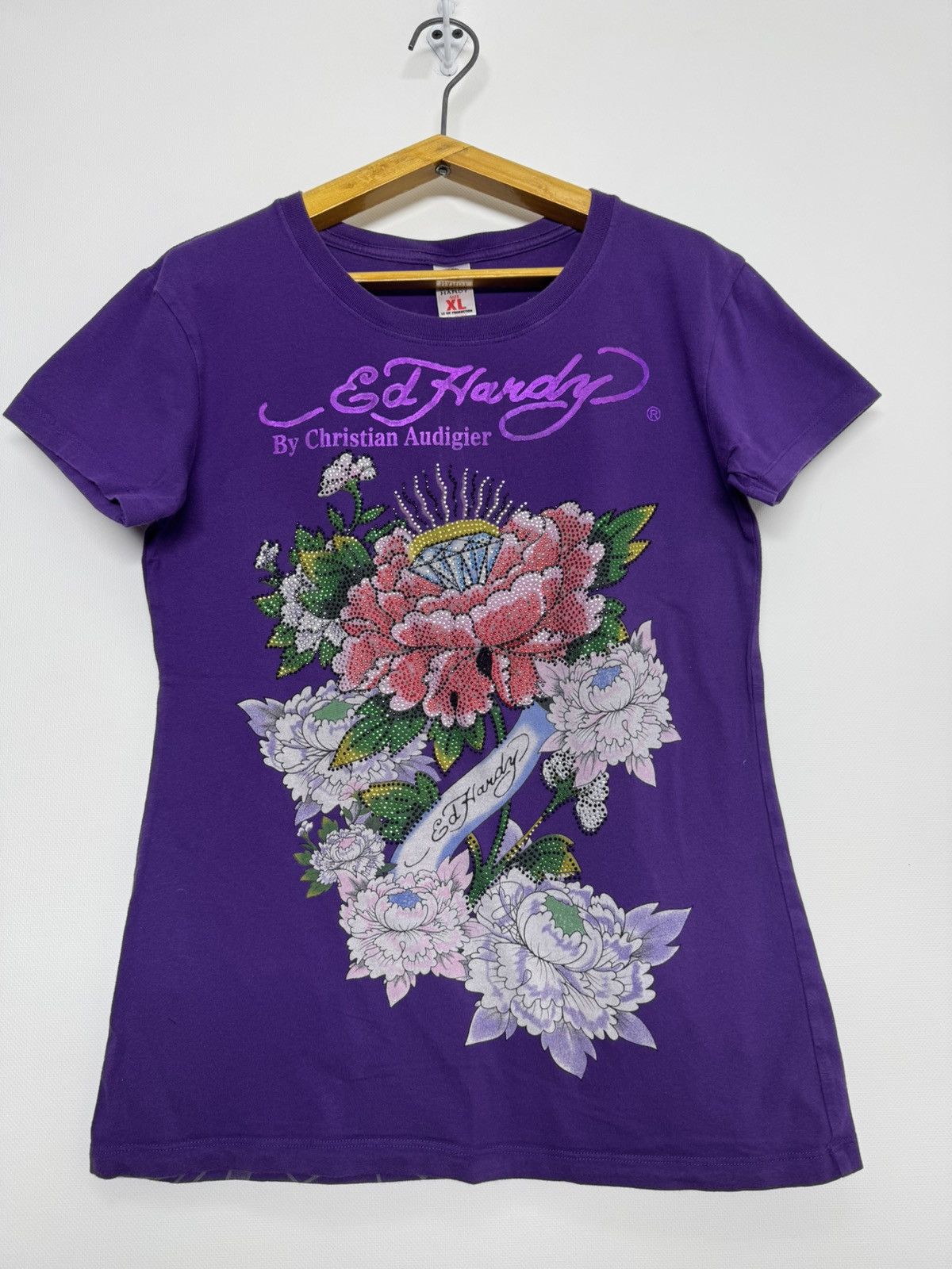 Ed Hardy ED HARDY T Shirt Purple Flower Diamond Rose tattoo shirt top Size XL / US 12-14 / IT 48-50 - 5 Thumbnail