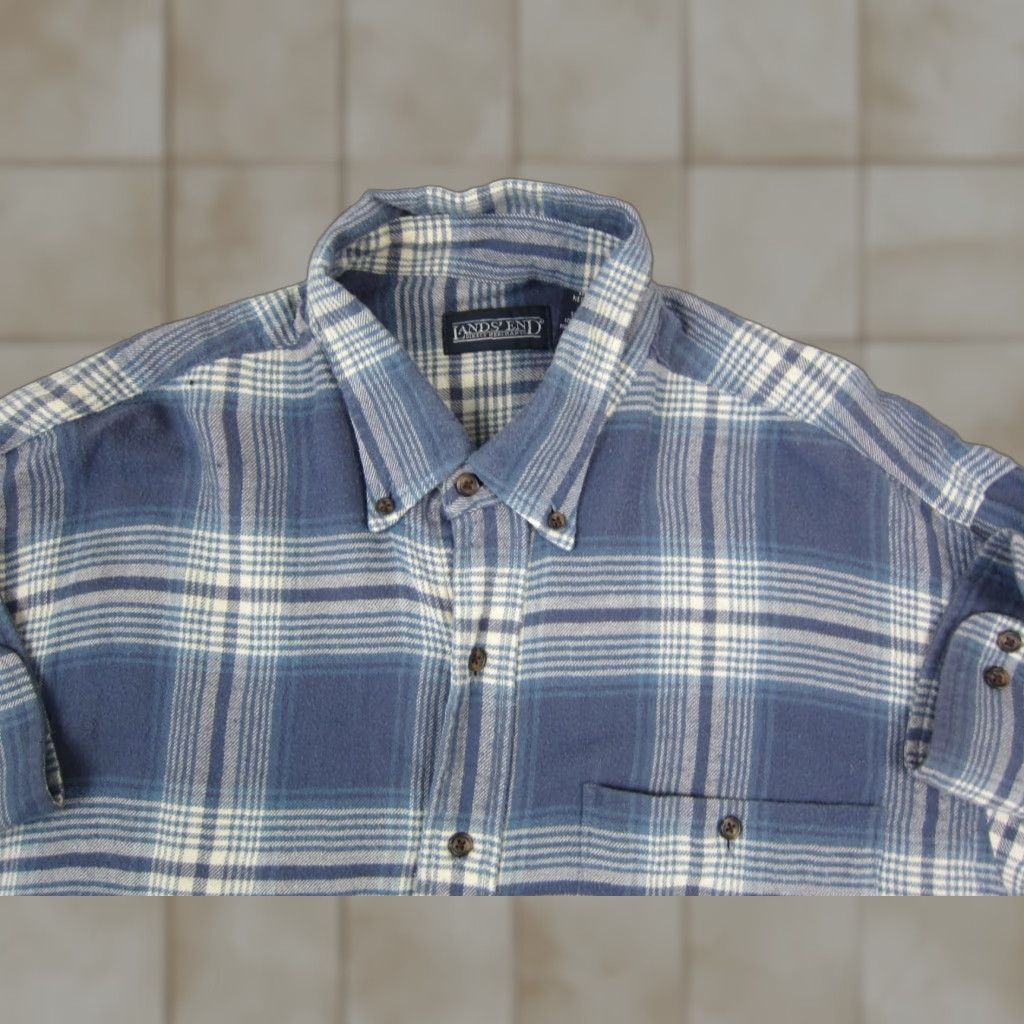 Lands' End VINTAGE Lands' End Shirt Adult XL Blue Plaid Flannel Cotton Mens 90s Button-Up Long Sleeve Collar Down 90s Theme Pockets Size US XL / EU 56 / 4 - 1 Thumbnail