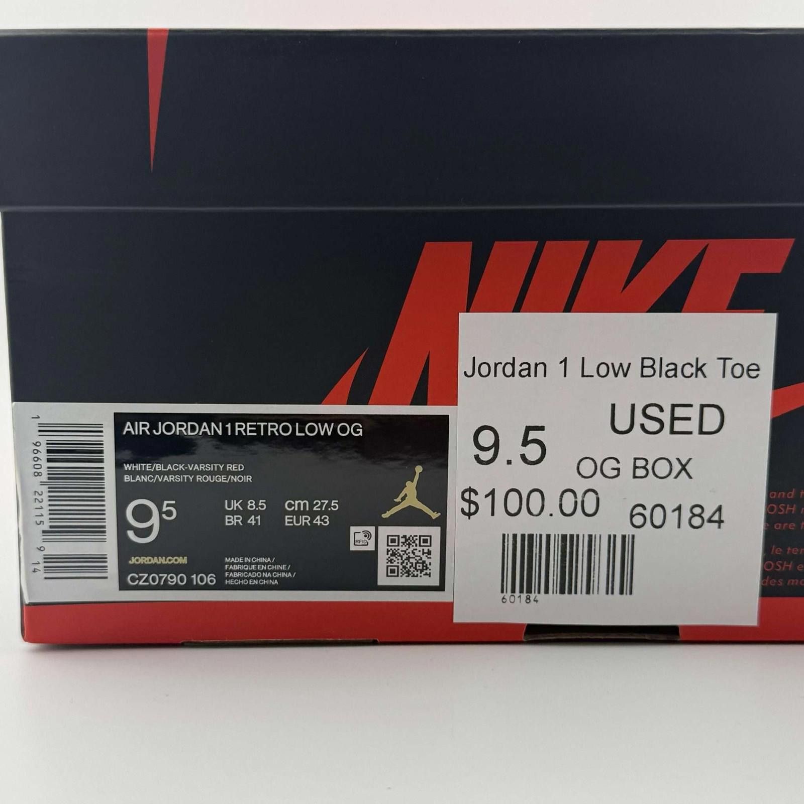 Nike Nike Air Jordan 1 Low Black Toe 9.5 Used OG Box Size US 9.5 / EU 42-43 - 9 Thumbnail