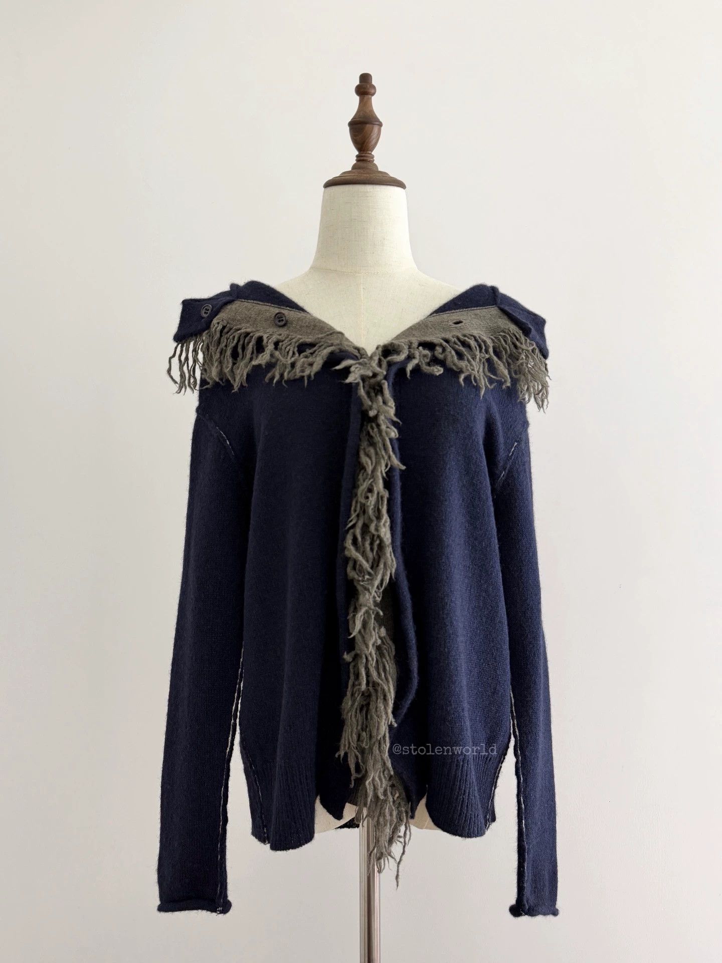 Y's Y's Tassel-Trimmed Navy Wool Knit Off-Shoulder Top Size XS / US 0-2 / IT 36-38 - 5 Thumbnail