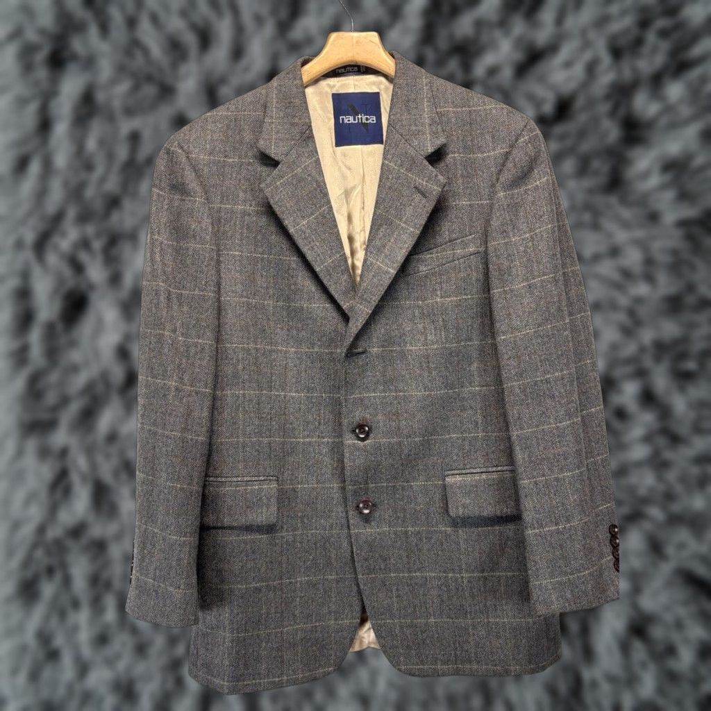 Nautica Nautica Wool Blazer Sport Coat 40R Gray Plaid Windowpane 3-Button Mens Size 40R - 1 Thumbnail
