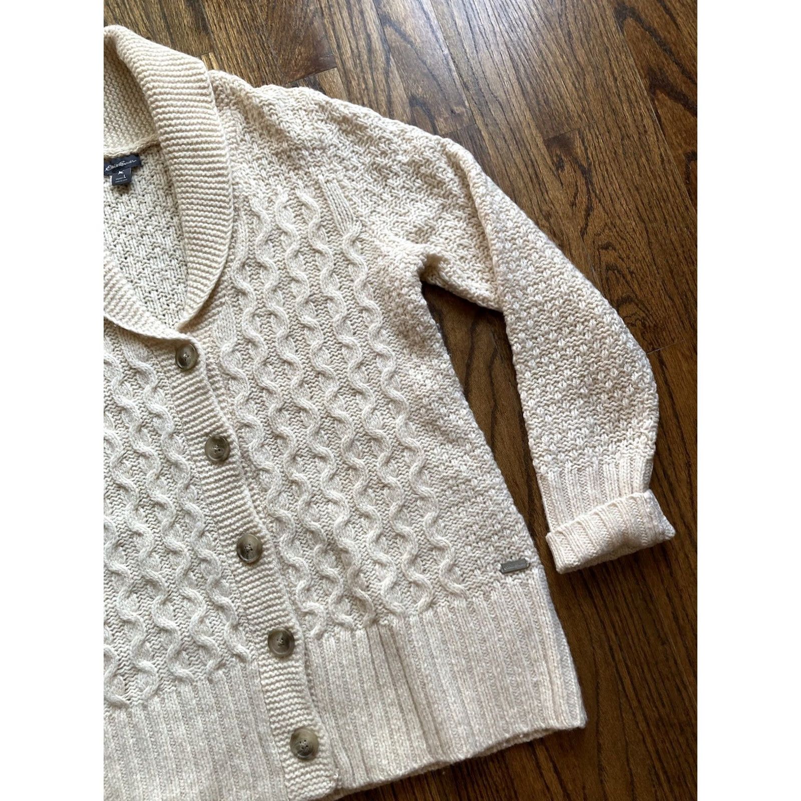 Eddie Bauer Eddie Bauer Cardigan Sweater Womens Large Beige Wool Cable-Knit Shawl Lambswool L Size L / US 10 / IT 46 - 3 Thumbnail