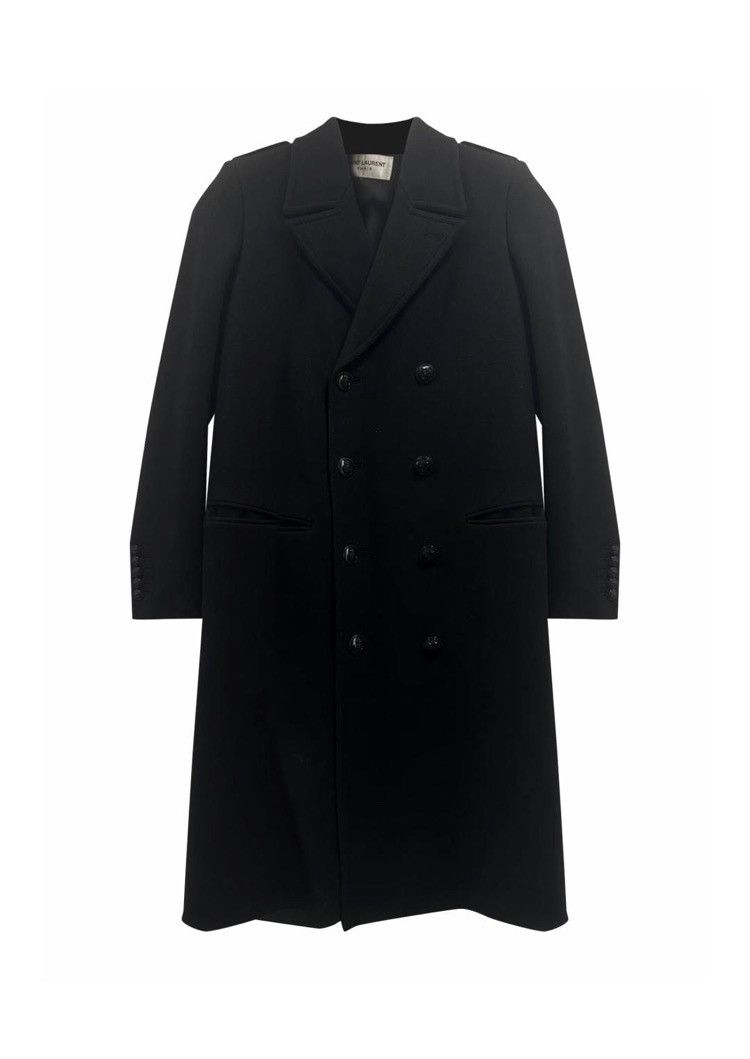 image of Saint Laurent Paris Double Breasted Anchor Button Coat in Black, Men's (Size Small)