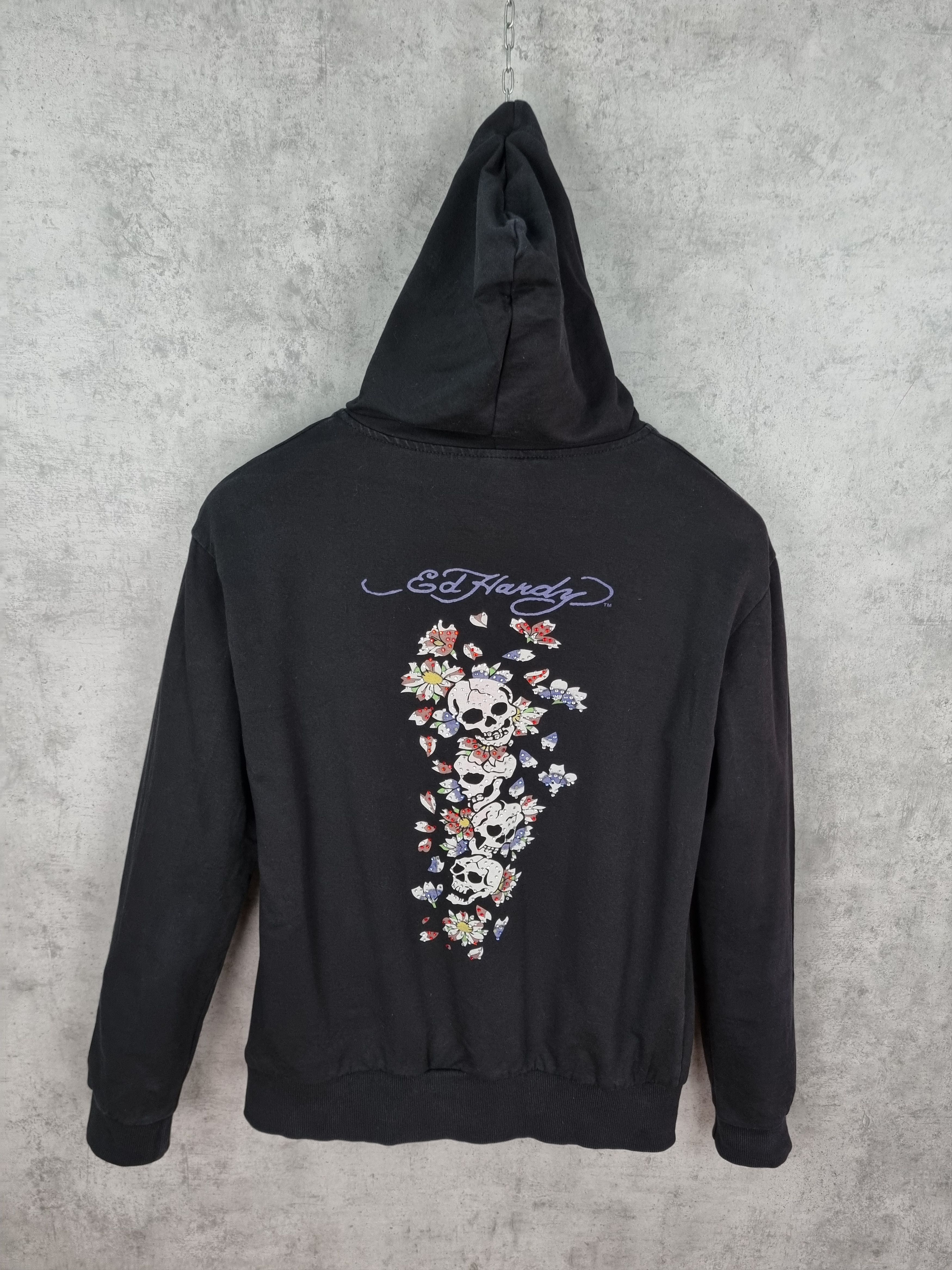Christian Audigier × Ed Hardy Ed Hardy Skull Flowers Tattoo Art Faded Zip Up Hoodie Size M / US 6-8 / IT 42-44 - 3 Thumbnail